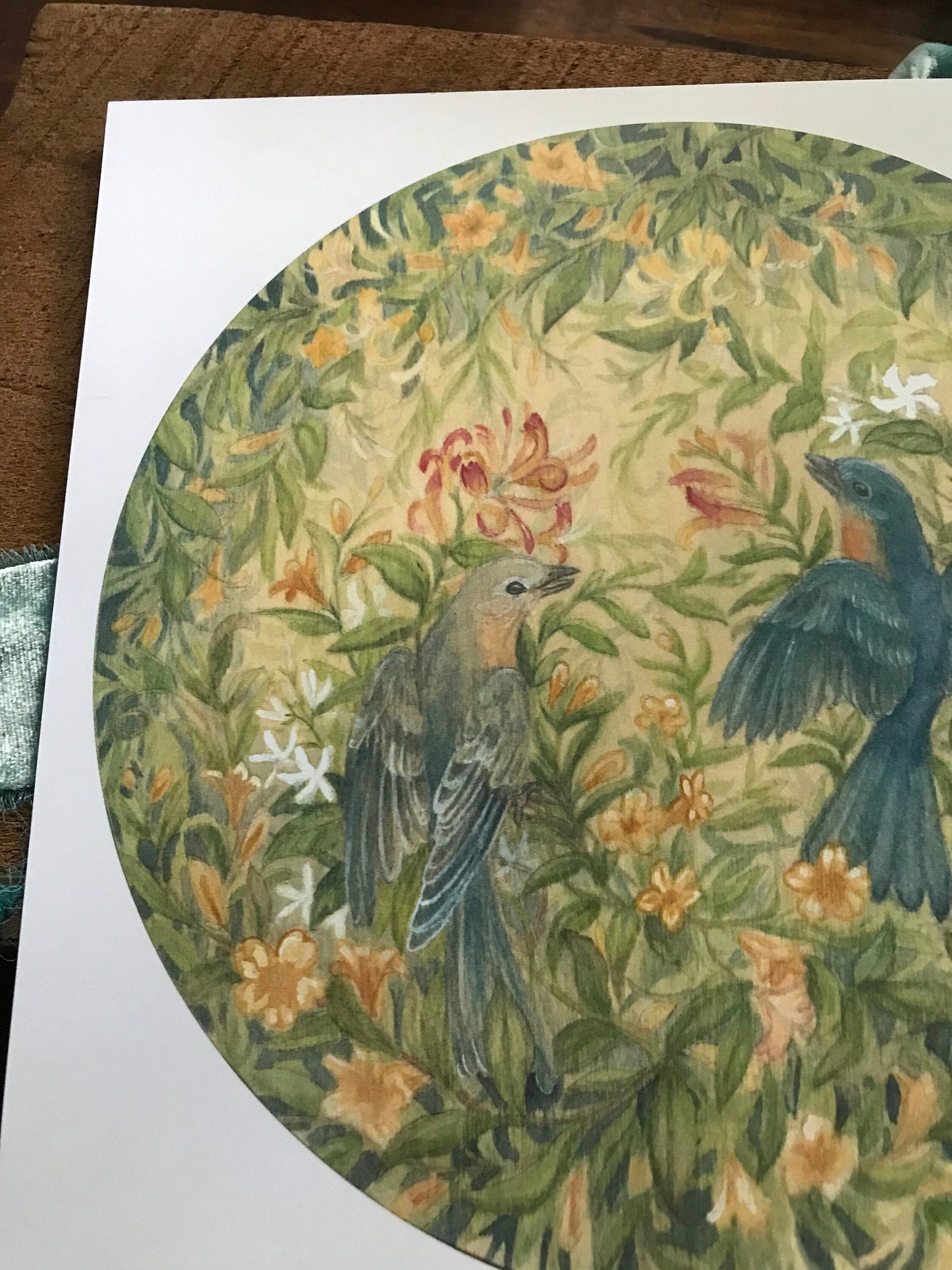 bluebirds in Spring art print garden watercolor painting botanical jasmine wood grain circle woodland animal painting wall decor house gift