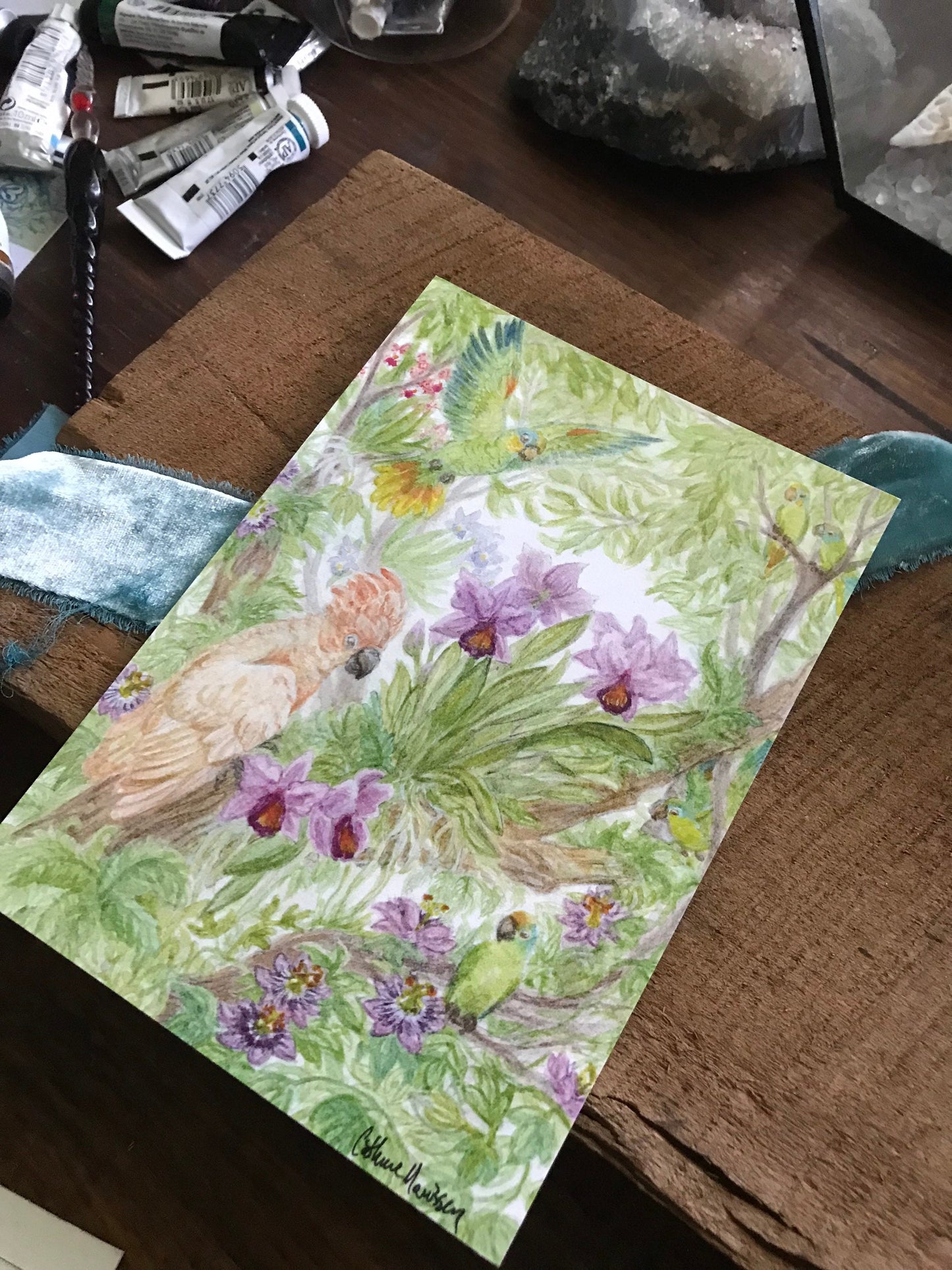 parrot and orchids watercolor art print tropical jungle wall decor home decorating animals and plants flowers cockatoo bird art