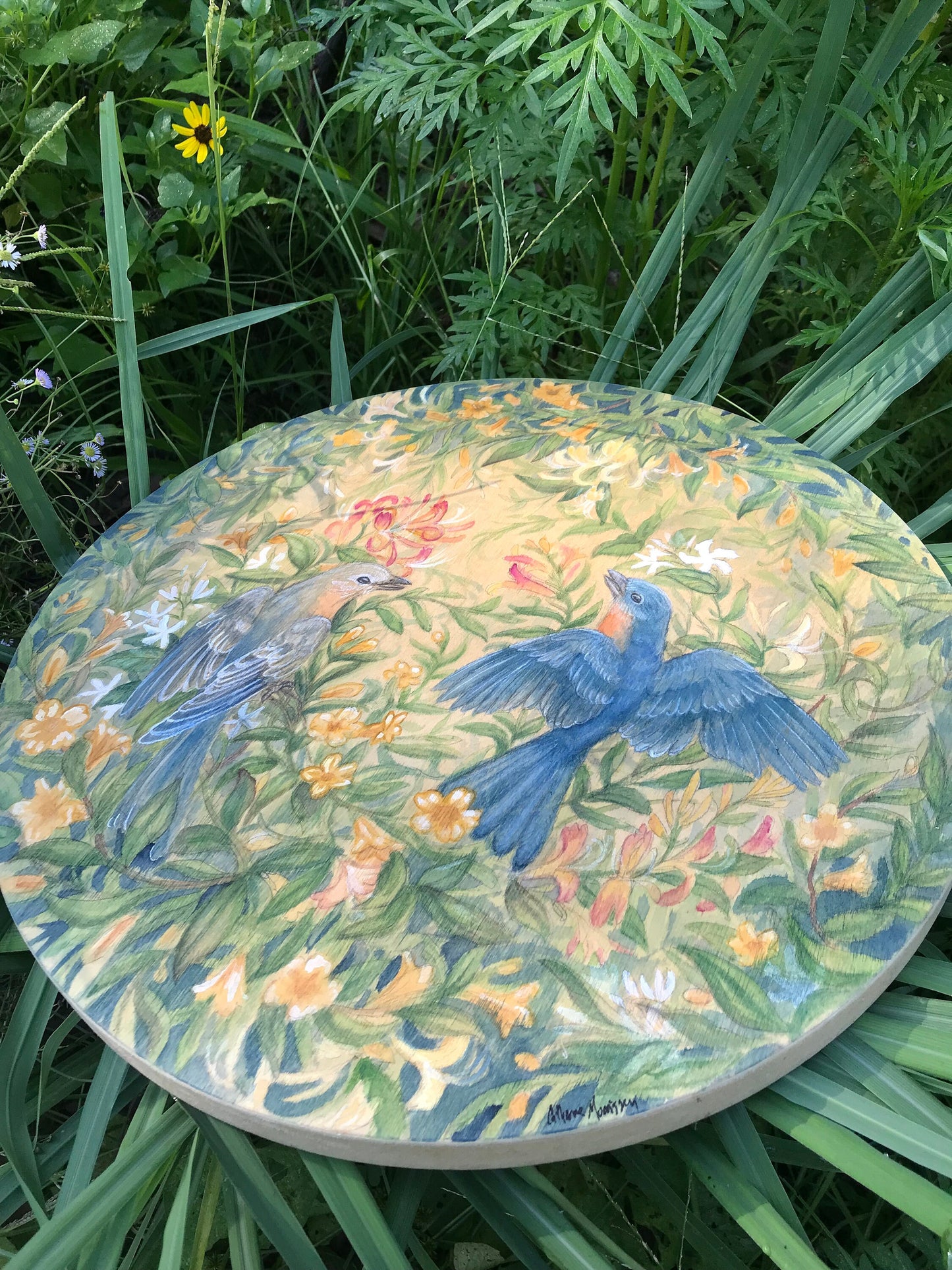 Bluebirds in Spring original watercolor round painting wooden panel painting art flower garden forest