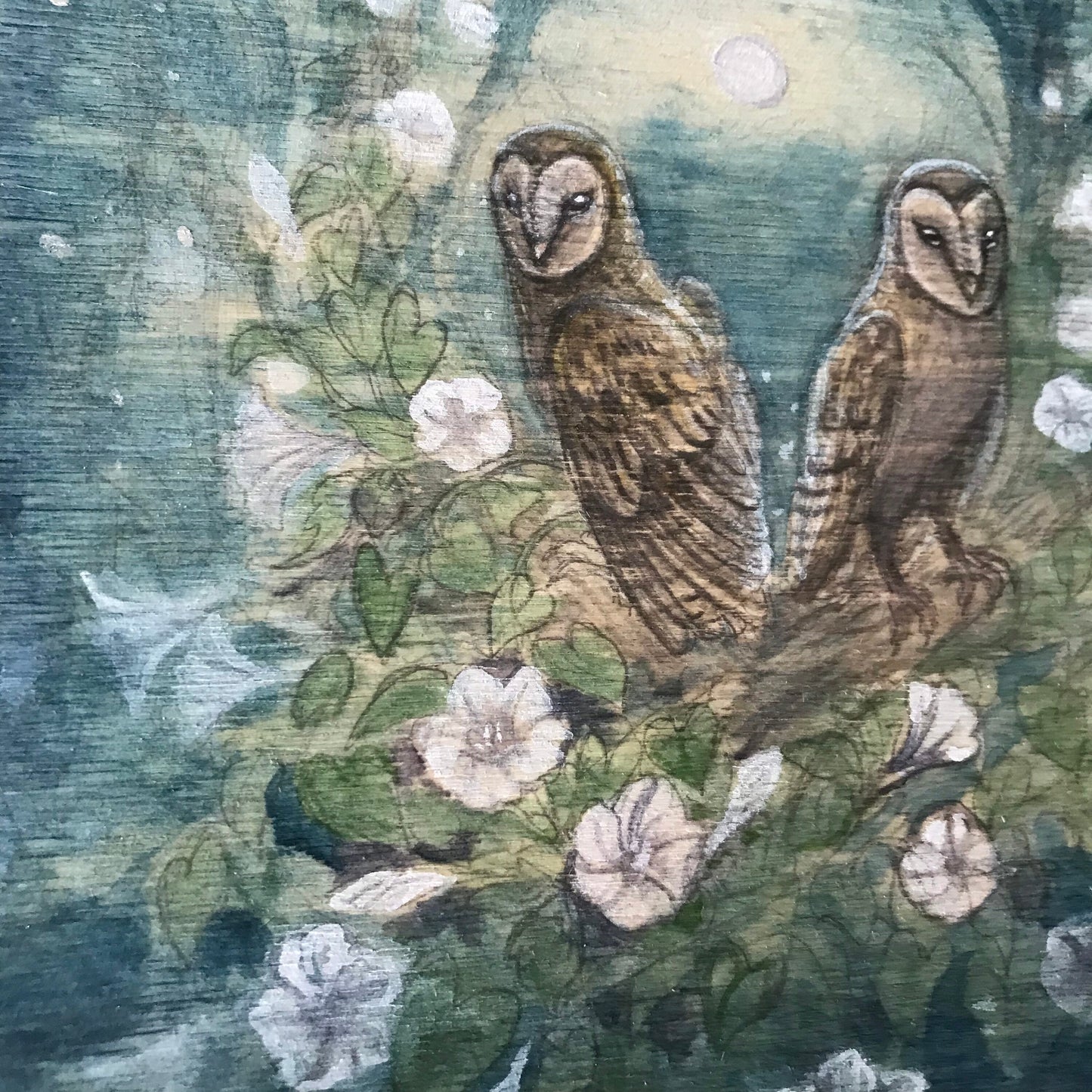 Original painting Barn owls in tree of moonflowers watercolor painting on wood original art