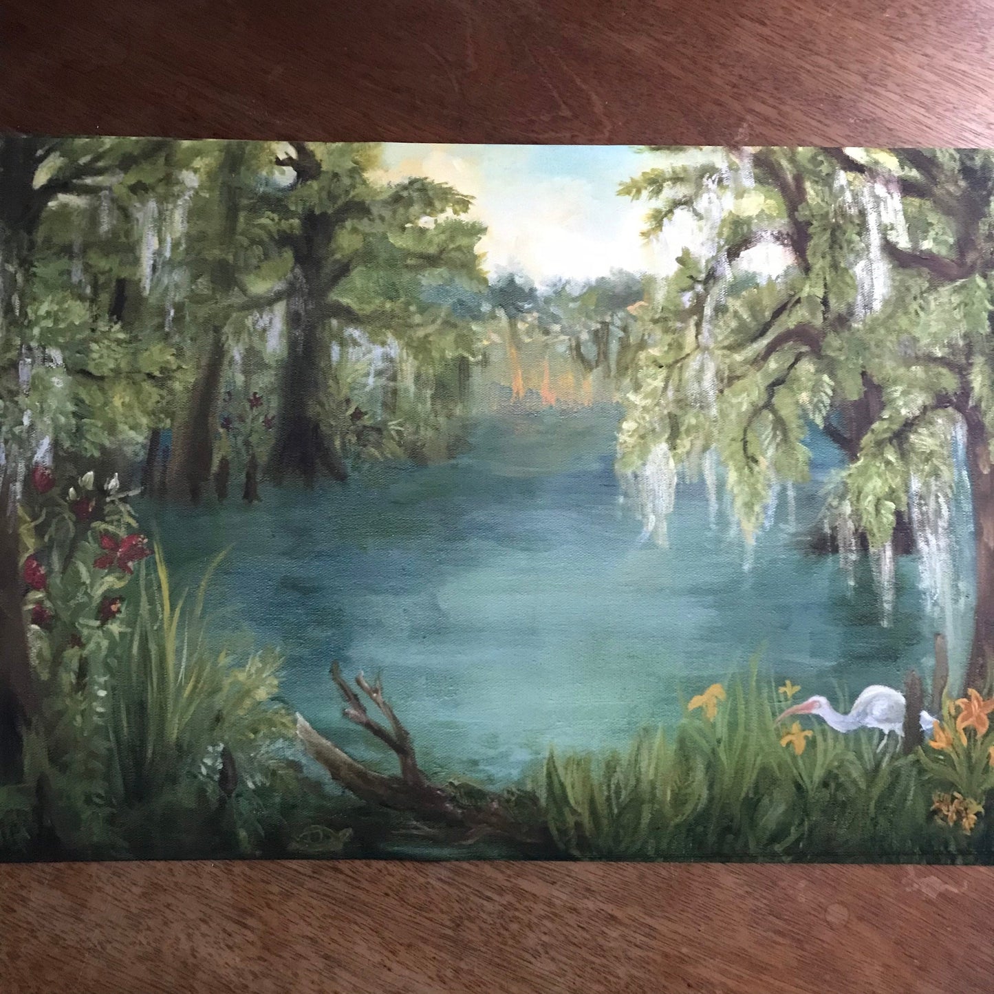 Art Print of golden hour in the Swamp panoramic landscape oil painting ibis birds heron turtles bald cypress tree nature art wall decor