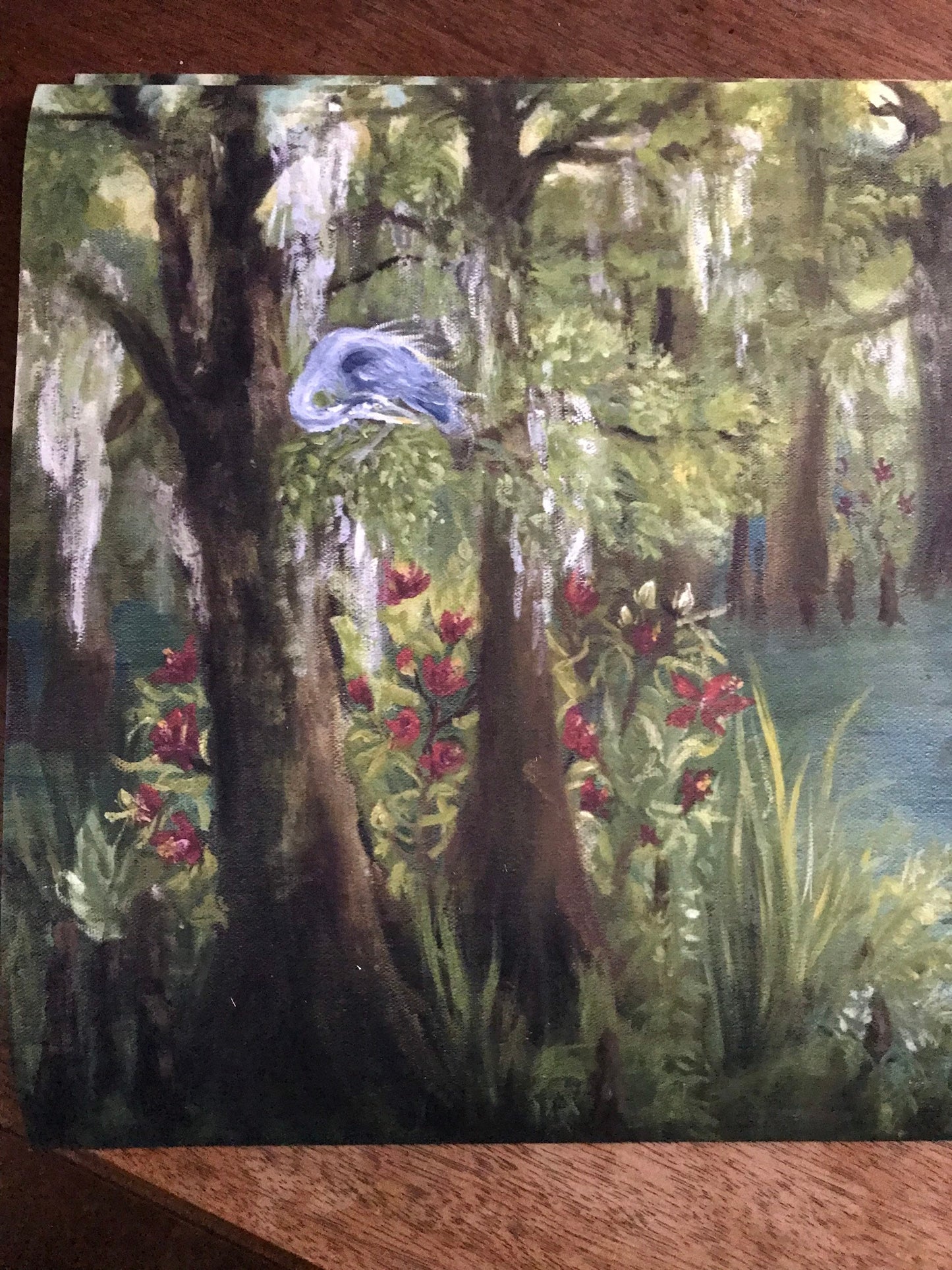 Art Print of golden hour in the Swamp panoramic landscape oil painting ibis birds heron turtles bald cypress tree nature art wall decor