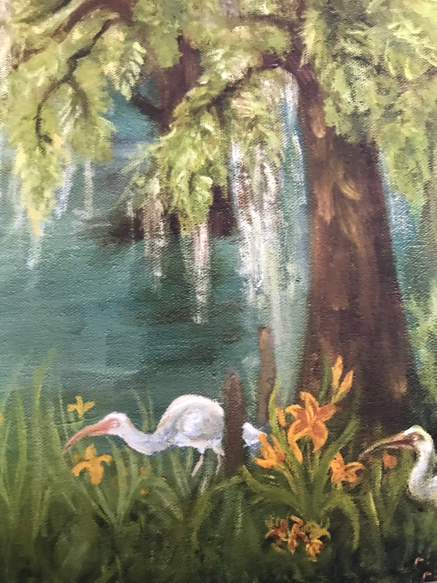 Art Print of golden hour in the Swamp panoramic landscape oil painting ibis birds heron turtles bald cypress tree nature art wall decor