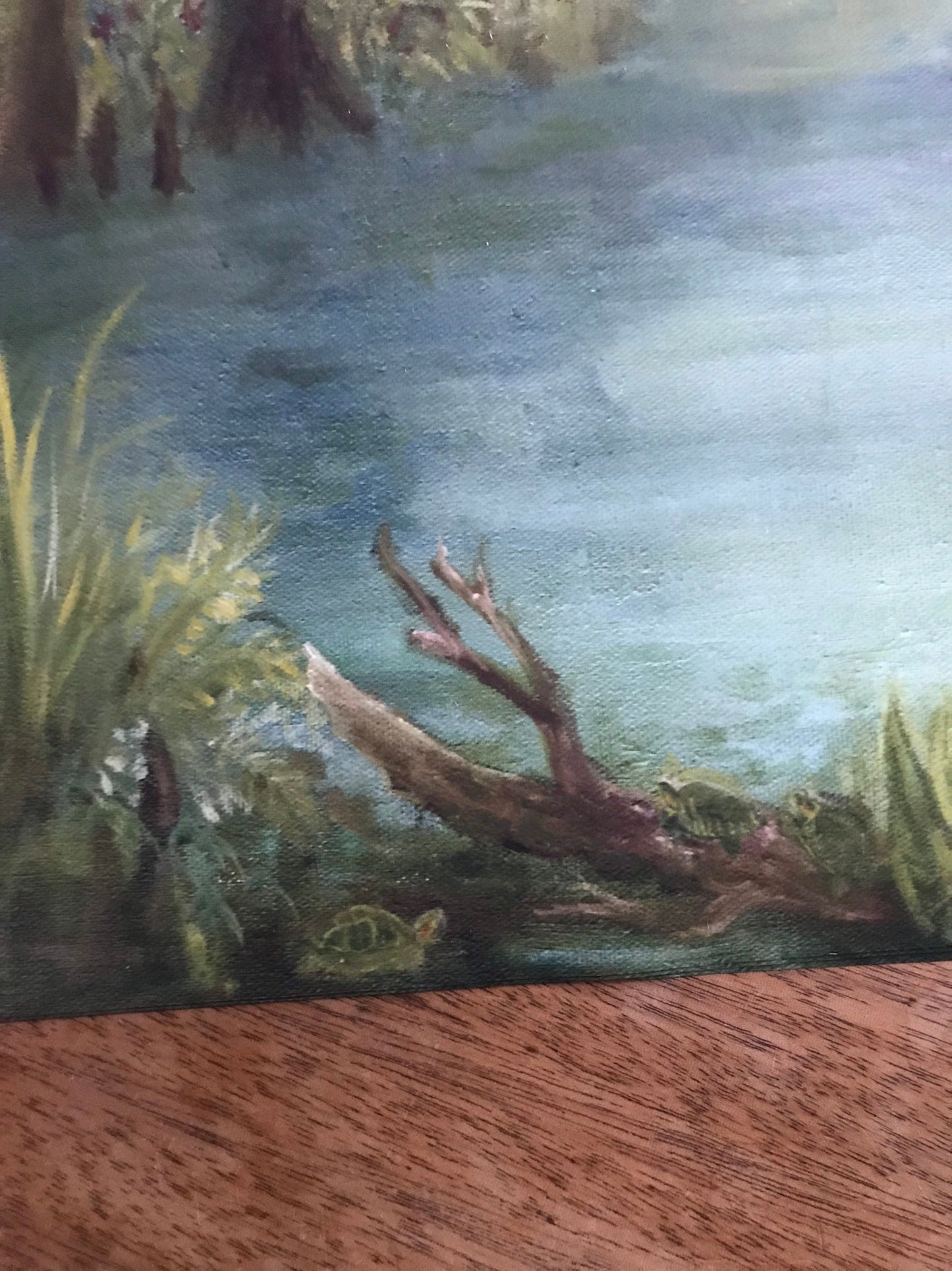 Art Print of golden hour in the Swamp panoramic landscape oil painting ibis birds heron turtles bald cypress tree nature art wall decor