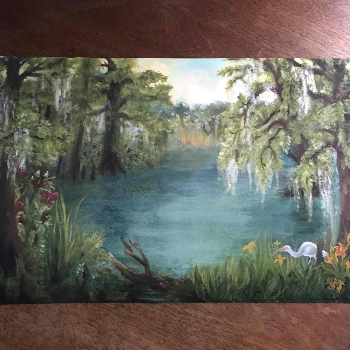 Art Print of golden hour in the Swamp panoramic landscape oil painting ibis birds heron turtles bald cypress tree nature art wall decor