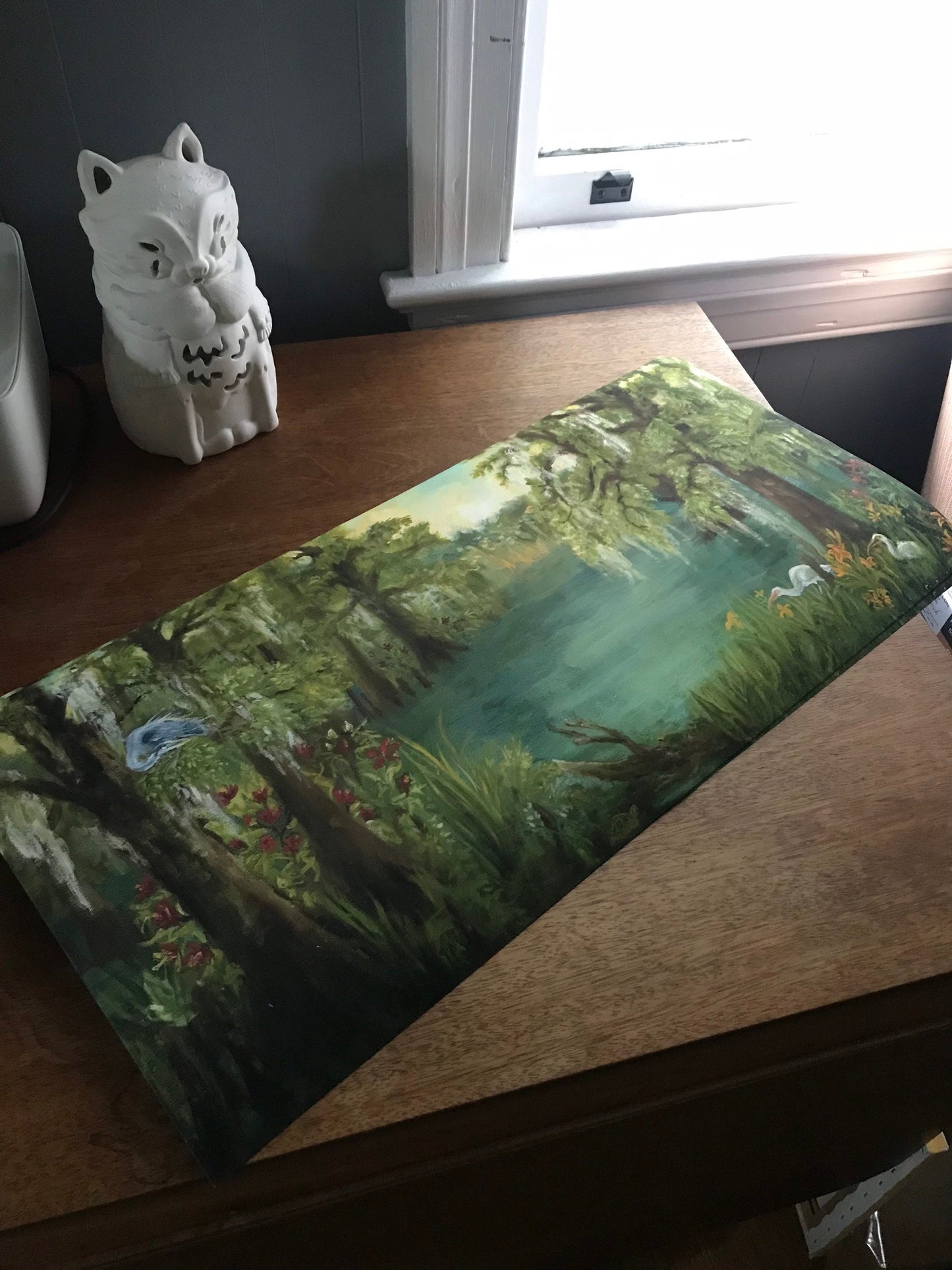 Art Print of golden hour in the Swamp panoramic landscape oil painting ibis birds heron turtles bald cypress tree nature art wall decor