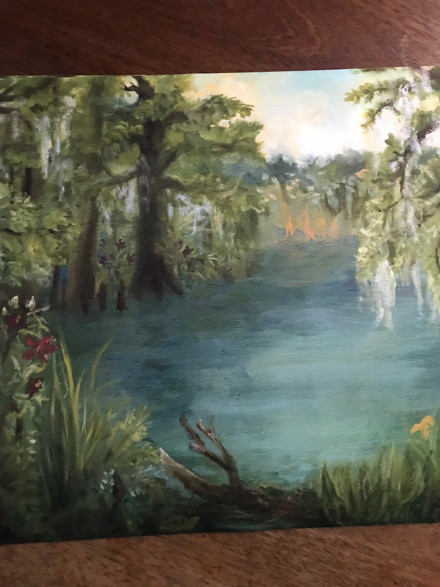 Art Print of golden hour in the Swamp panoramic landscape oil painting ibis birds heron turtles bald cypress tree nature art wall decor