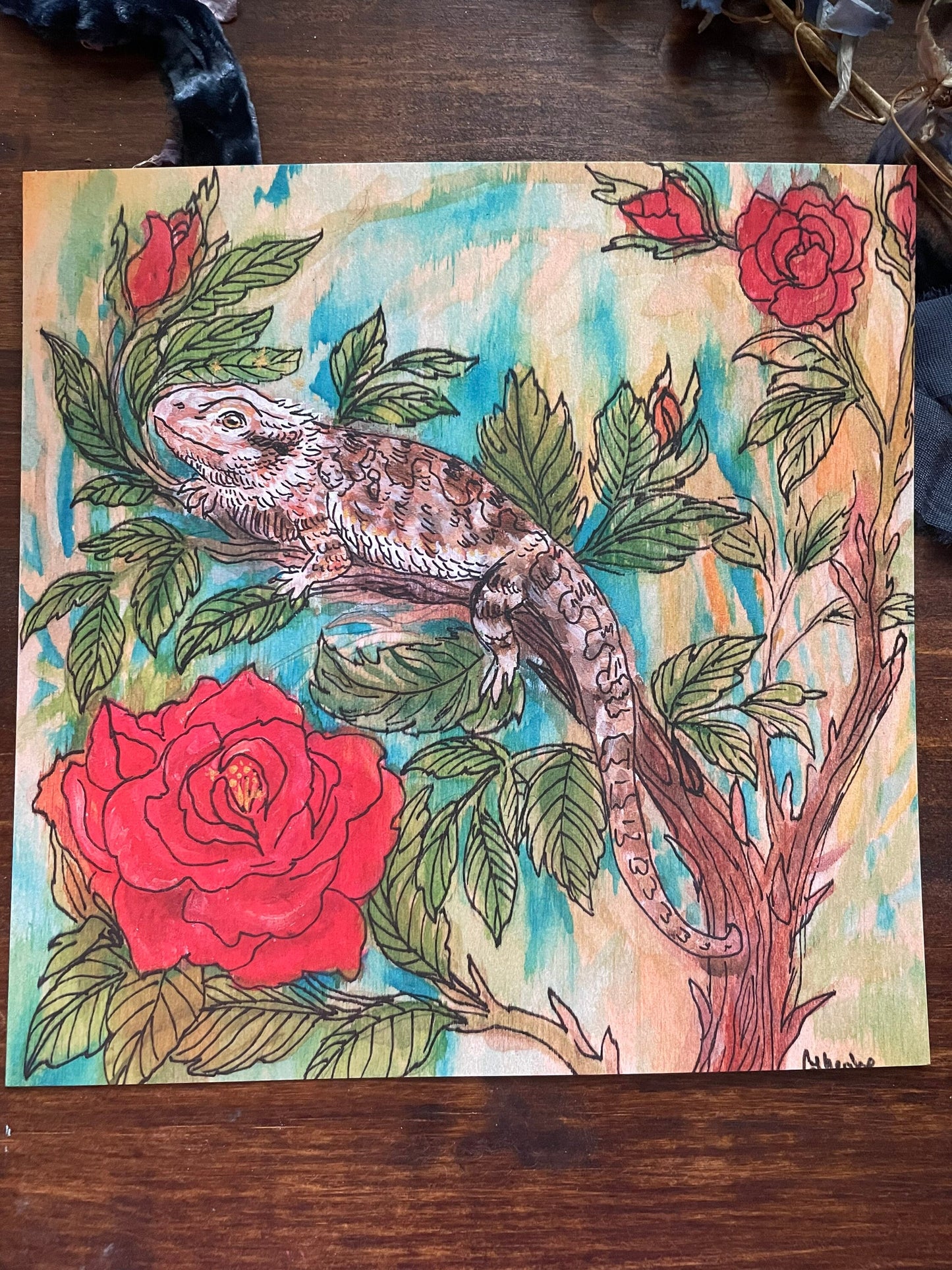 Art Print of bearded dragon lizard and roses exotic animal watercolor painting wood texture print