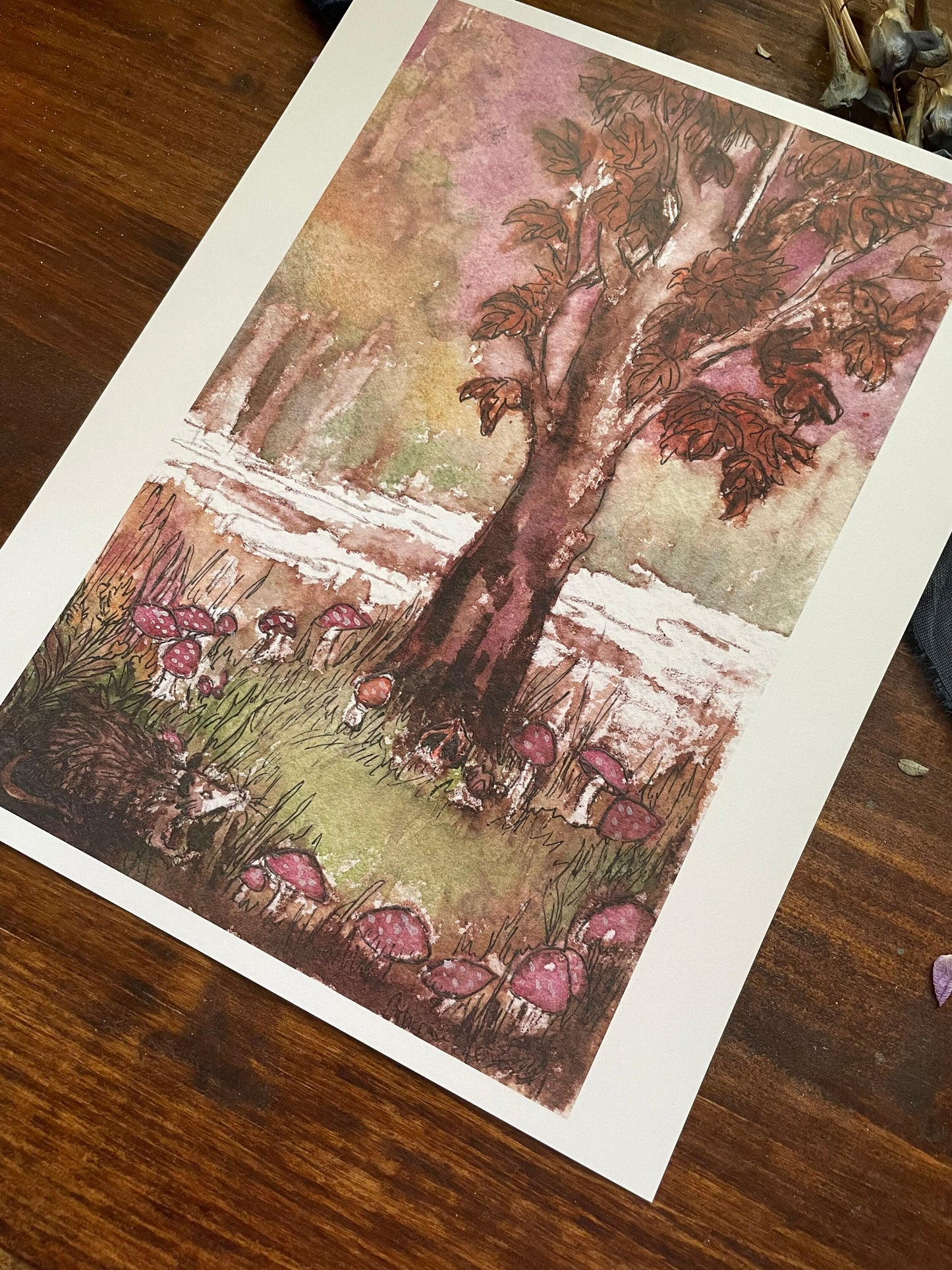 Opposum and mushroom fairy circle art print painting illustration nature gift trees mushroom forest fog mystical amanita muscaria fly agaric