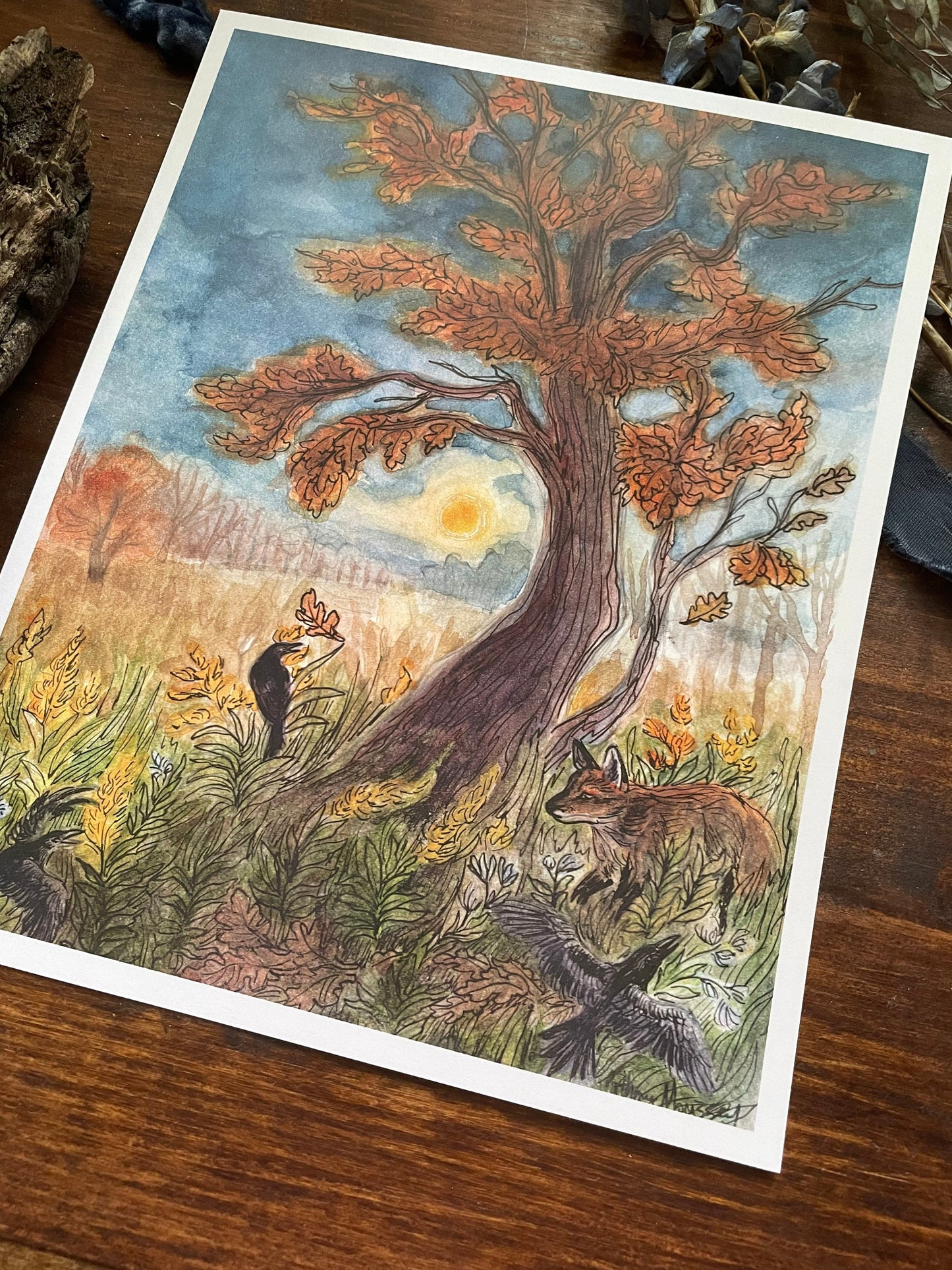 Art print and crows under the harvest moon watercolor painting illustration nature gift idea Halloween fall wildflowers oak tree 8x10