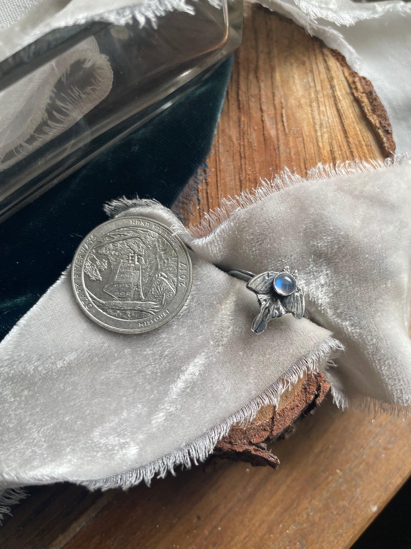 Luna moth sterling silver ring labradorite moonstone carved ring nature inspire forest metalsmith artisan made