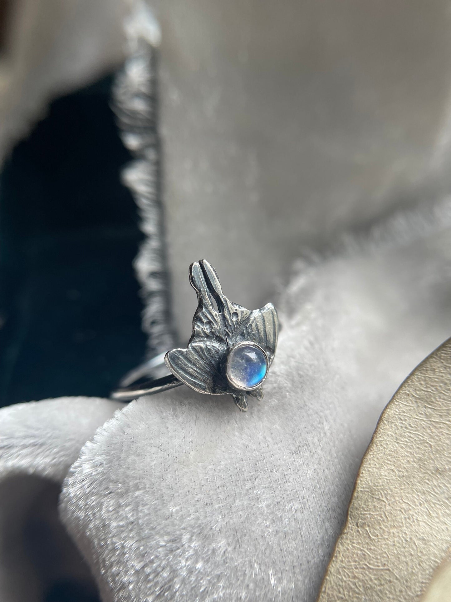 Luna moth sterling silver ring labradorite moonstone carved ring nature inspire forest metalsmith artisan made