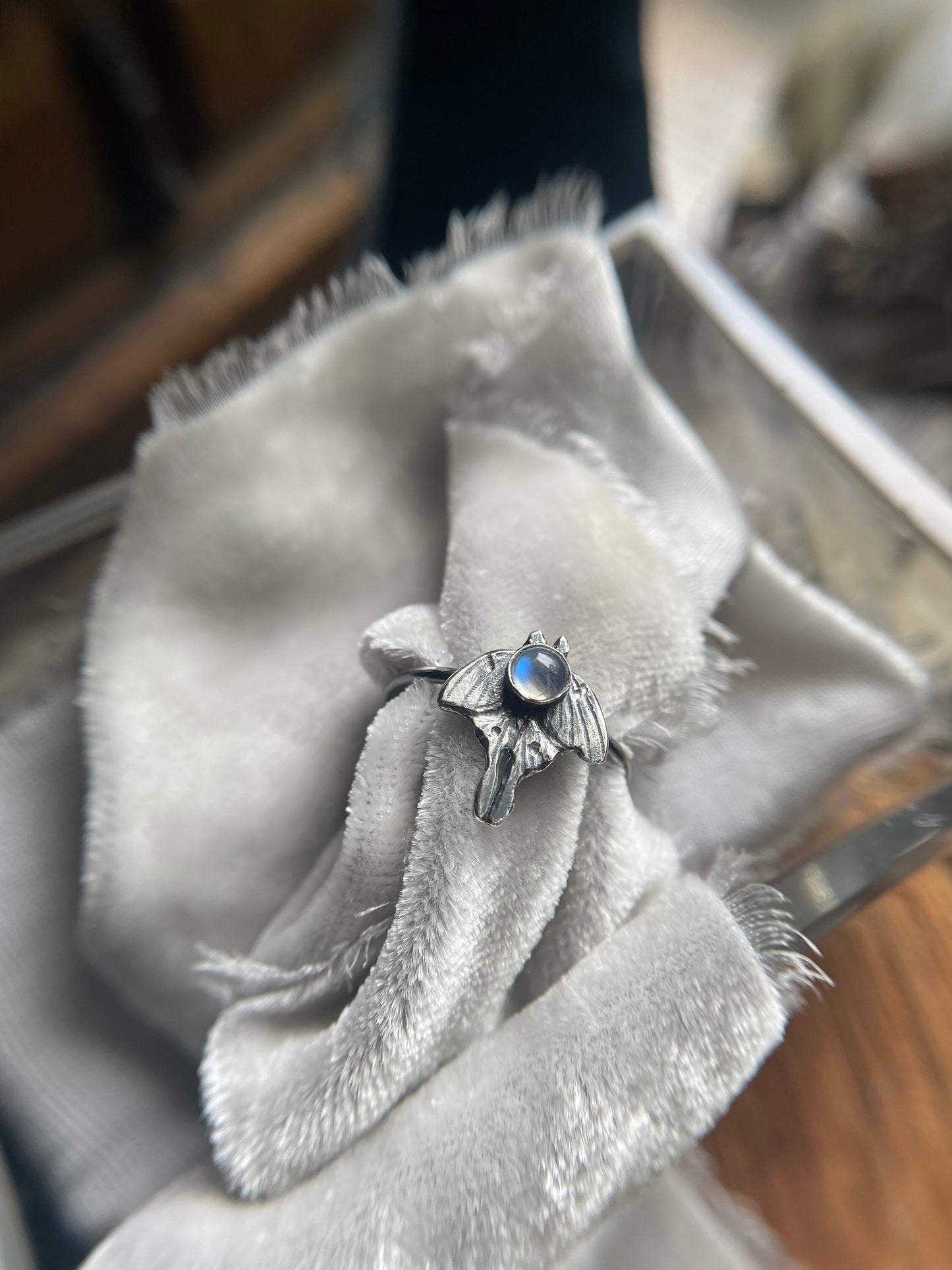 Luna moth sterling silver ring labradorite moonstone carved ring nature inspire forest metalsmith artisan made