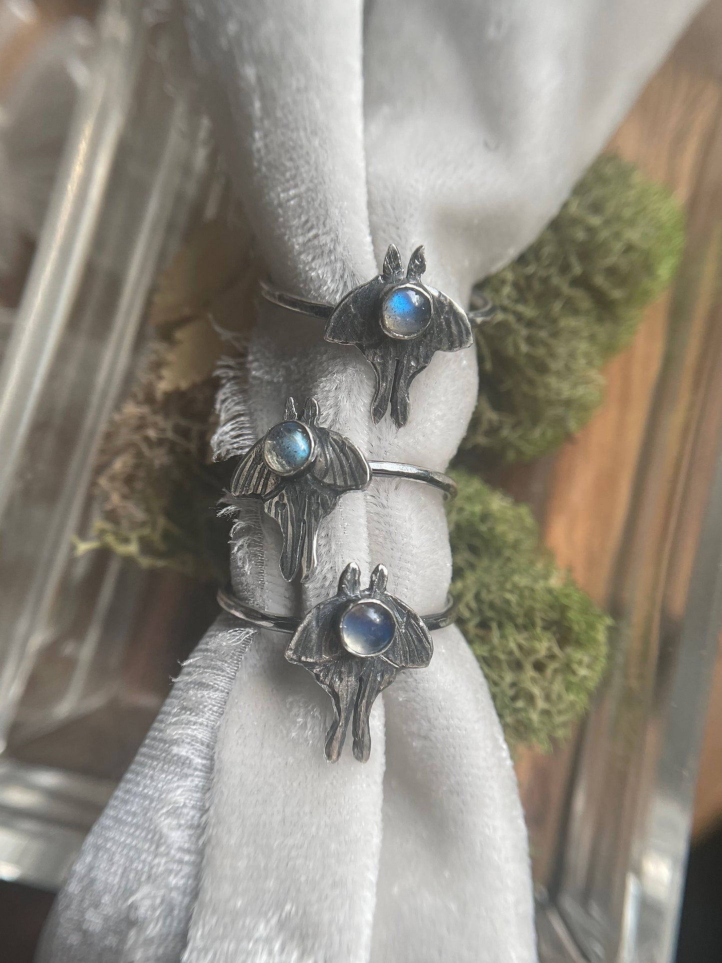 Luna moth sterling silver ring labradorite moonstone carved ring nature inspire forest metalsmith artisan made