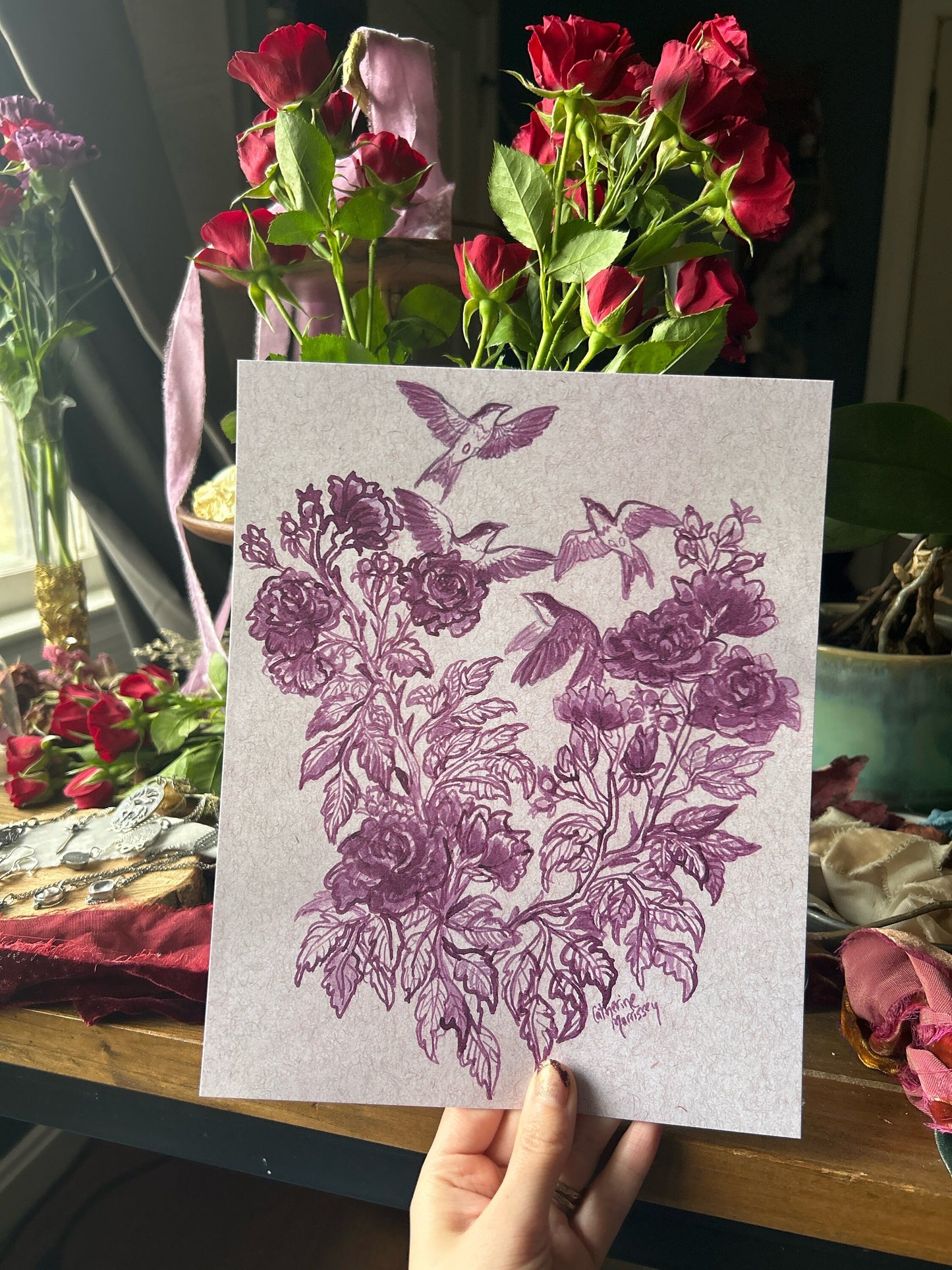 Wild purple roses and swallows art print on grey paper background ink drawing