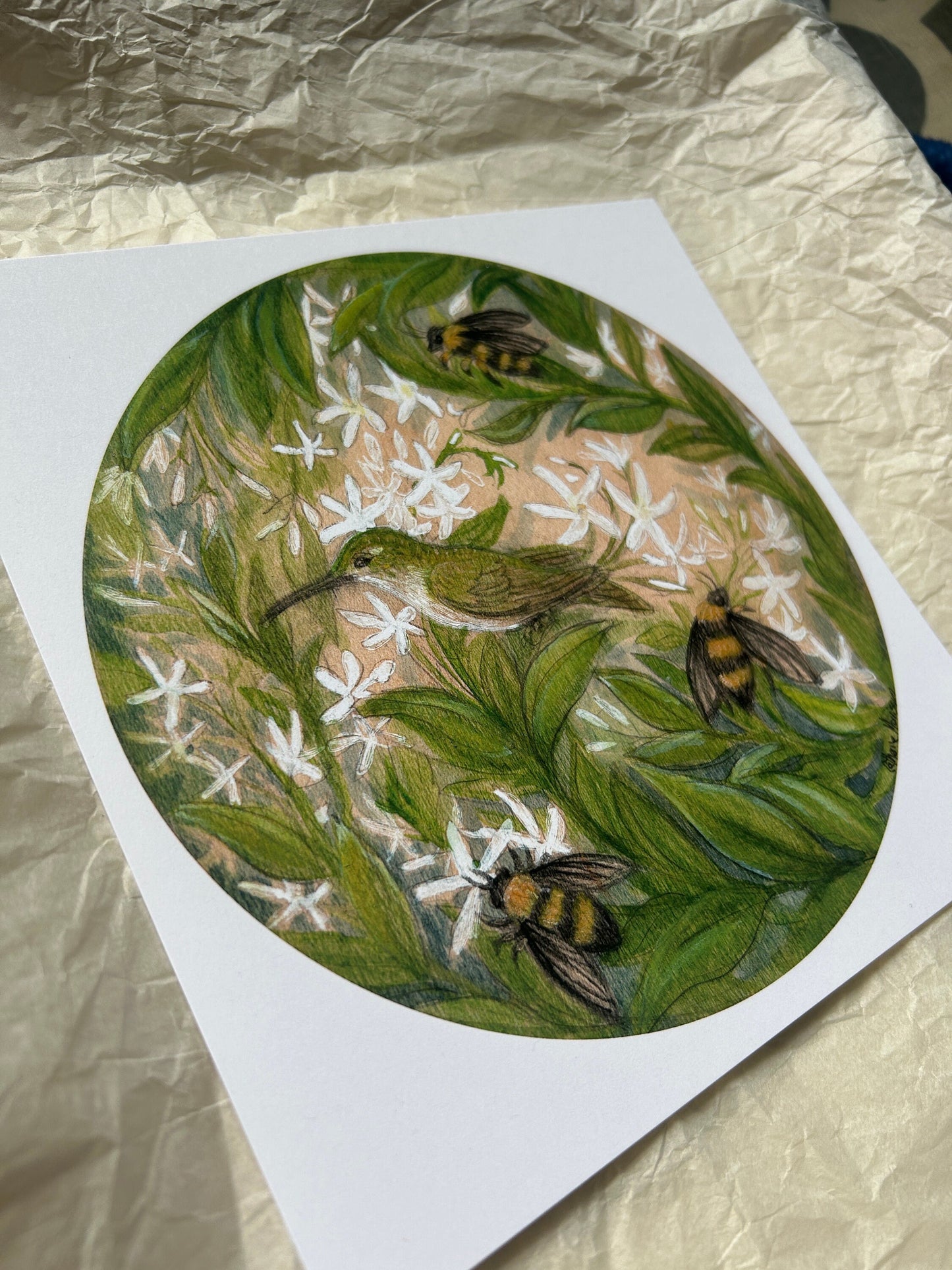 Hummingbird with bees art print with jasmine watercolor painting botanical wood grain circle woodland animal painting wall decor house gift