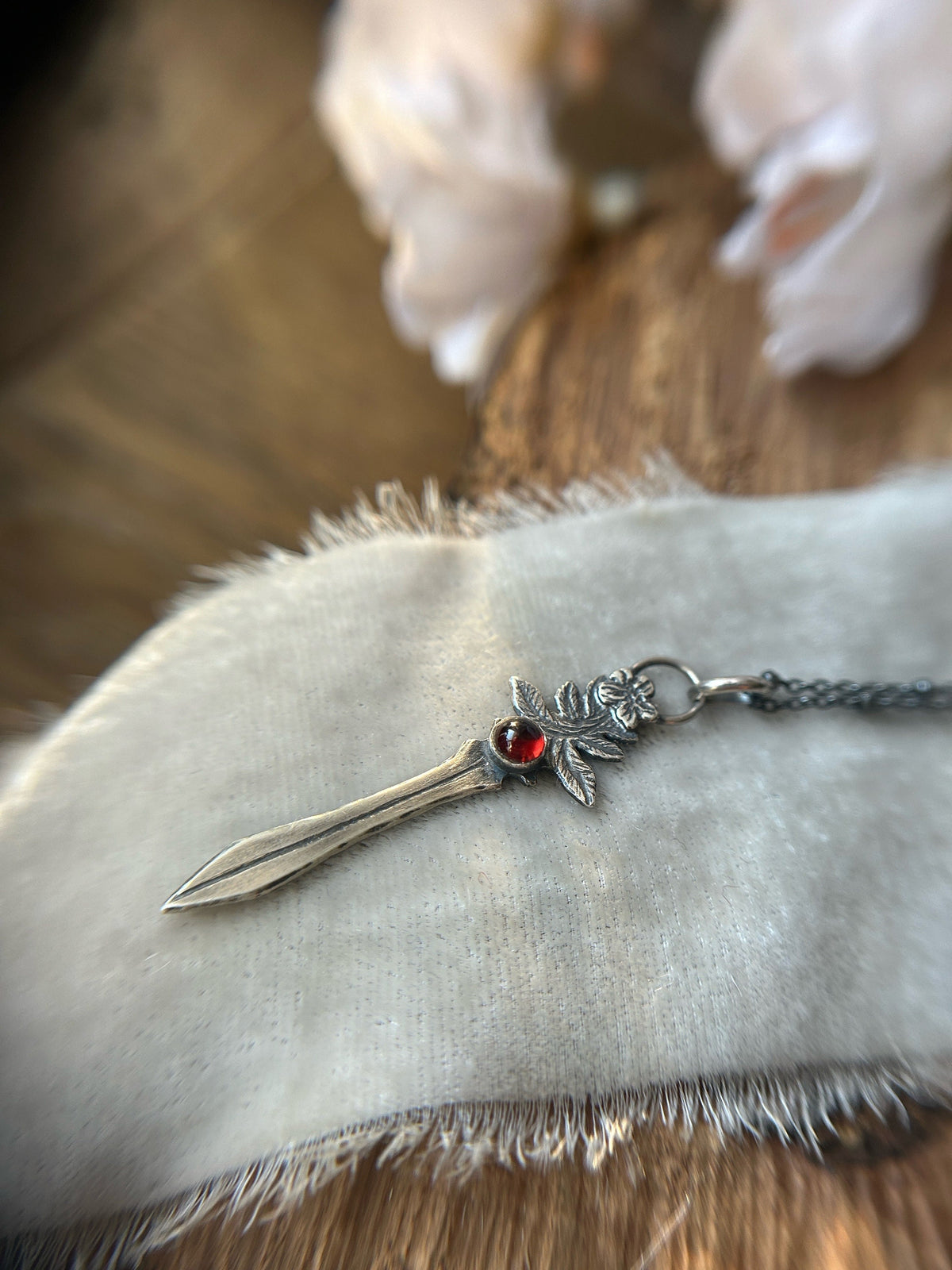 garnet sword of wild rose thorns necklace hand engraved sterling silver pendant necklace flowers nature fantasy pendant made to order