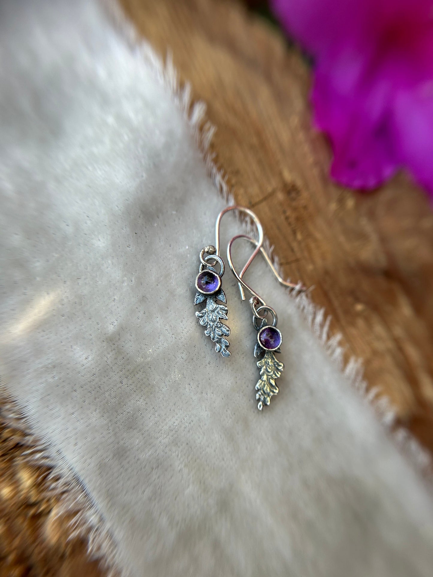 amethyst wisteria flower earrings drop style sterling silver silversmith made