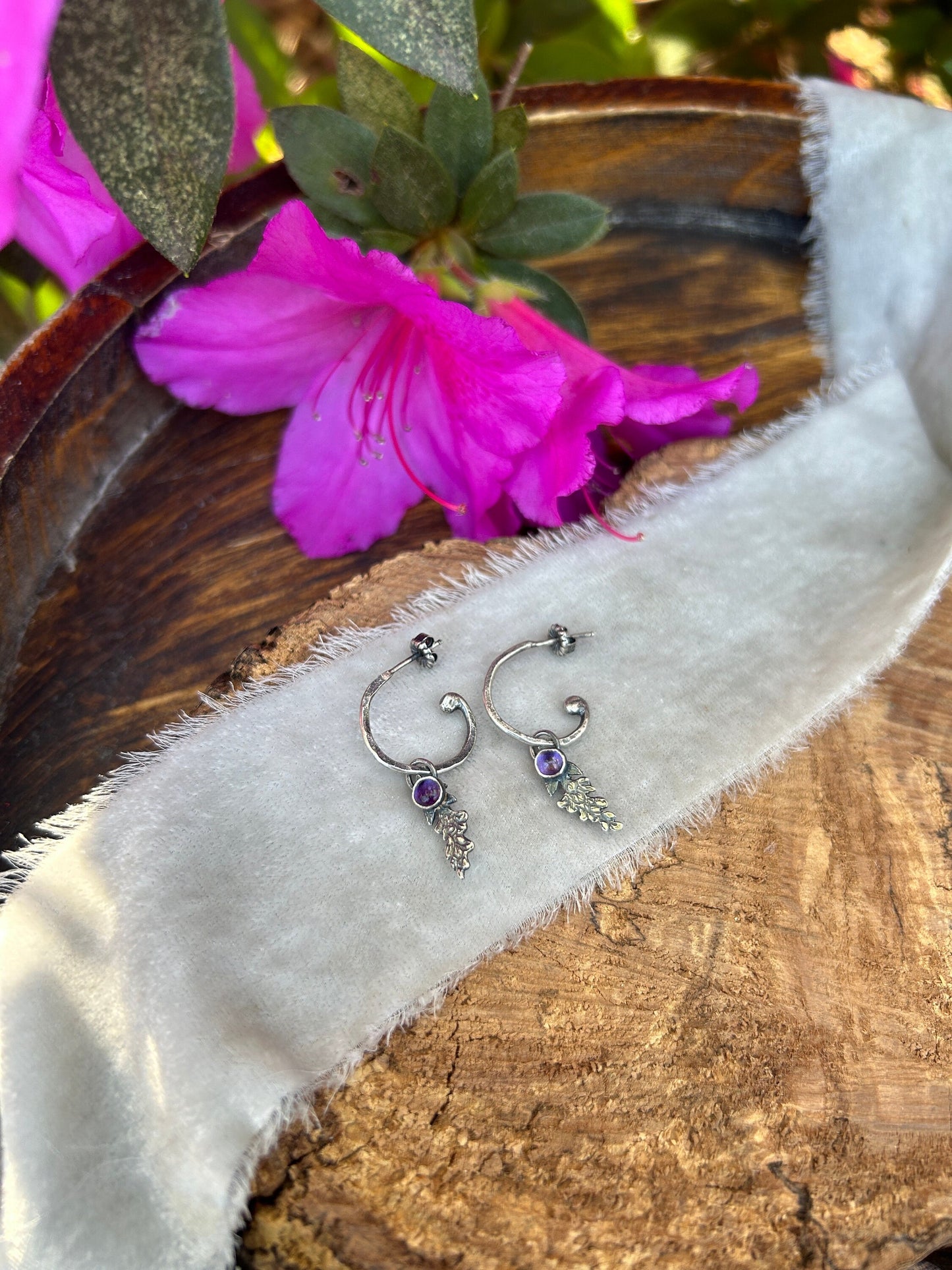 amethyst wisteria flower earrings drop style sterling silver silversmith made