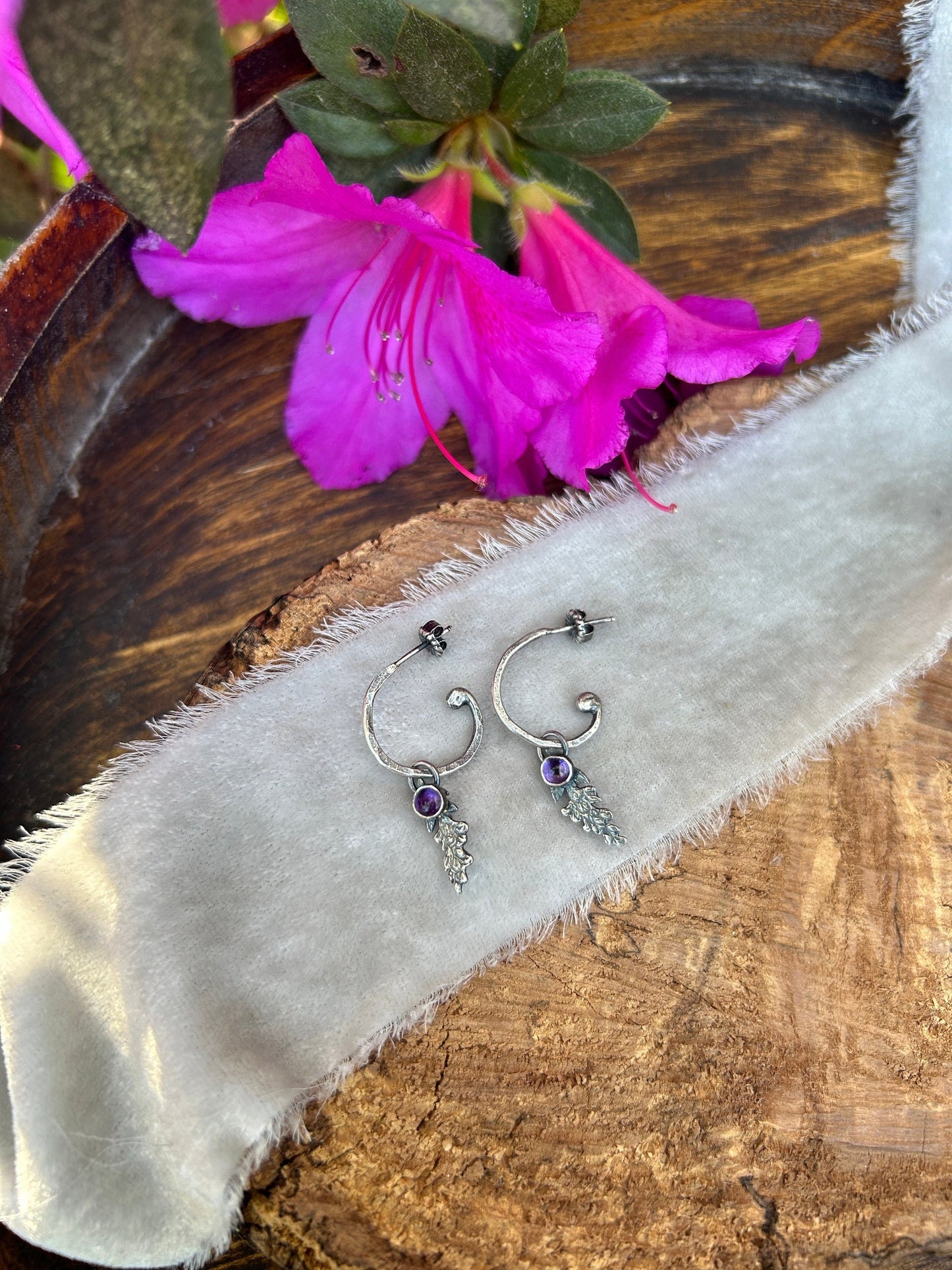 amethyst wisteria flower earrings drop style sterling silver silversmith made