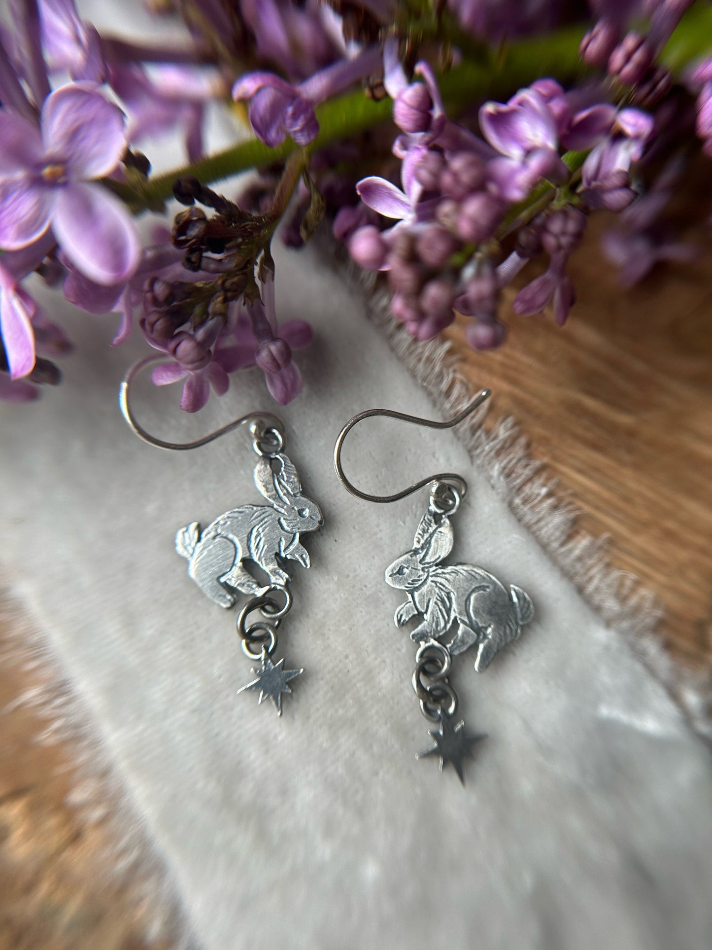 Star bunny rabbit earrings night sky dangle rainbow moonstone labradorite charm metalsmith silversmith handcrafted jewelry
