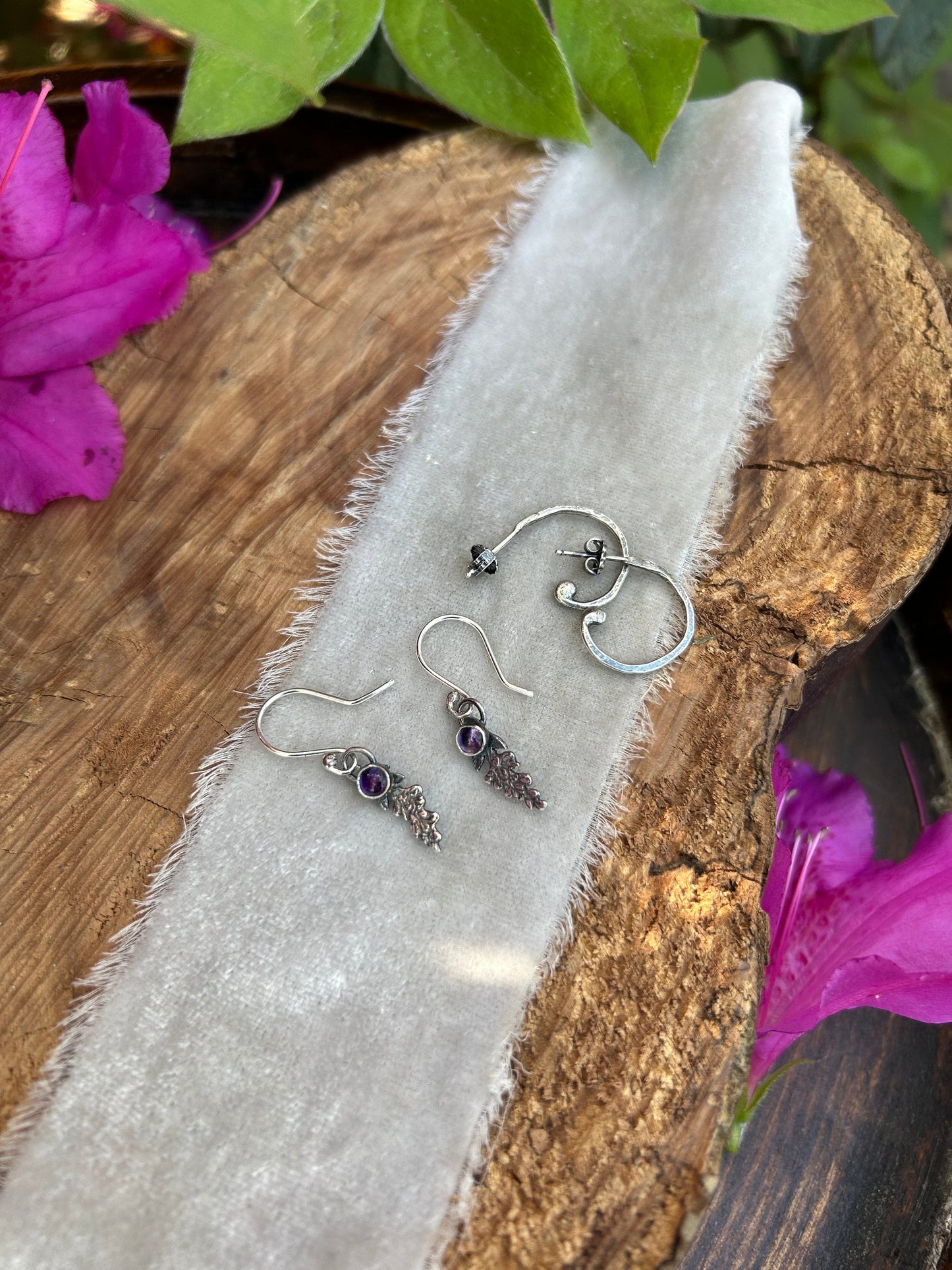 amethyst wisteria flower earrings drop style sterling silver silversmith made