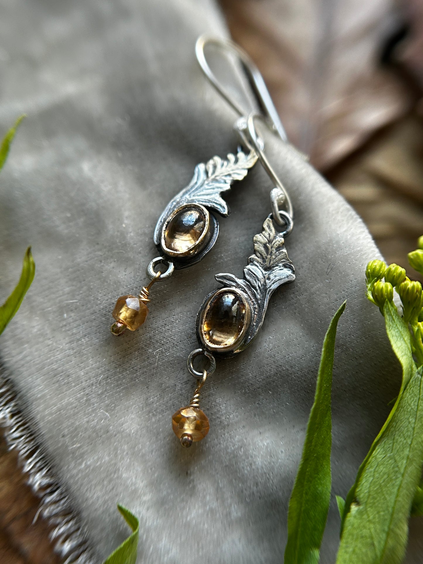 Goldenrod Earrings with Imperial Topaz and Hessonite Garnet- Brass and sterling silver jewelry