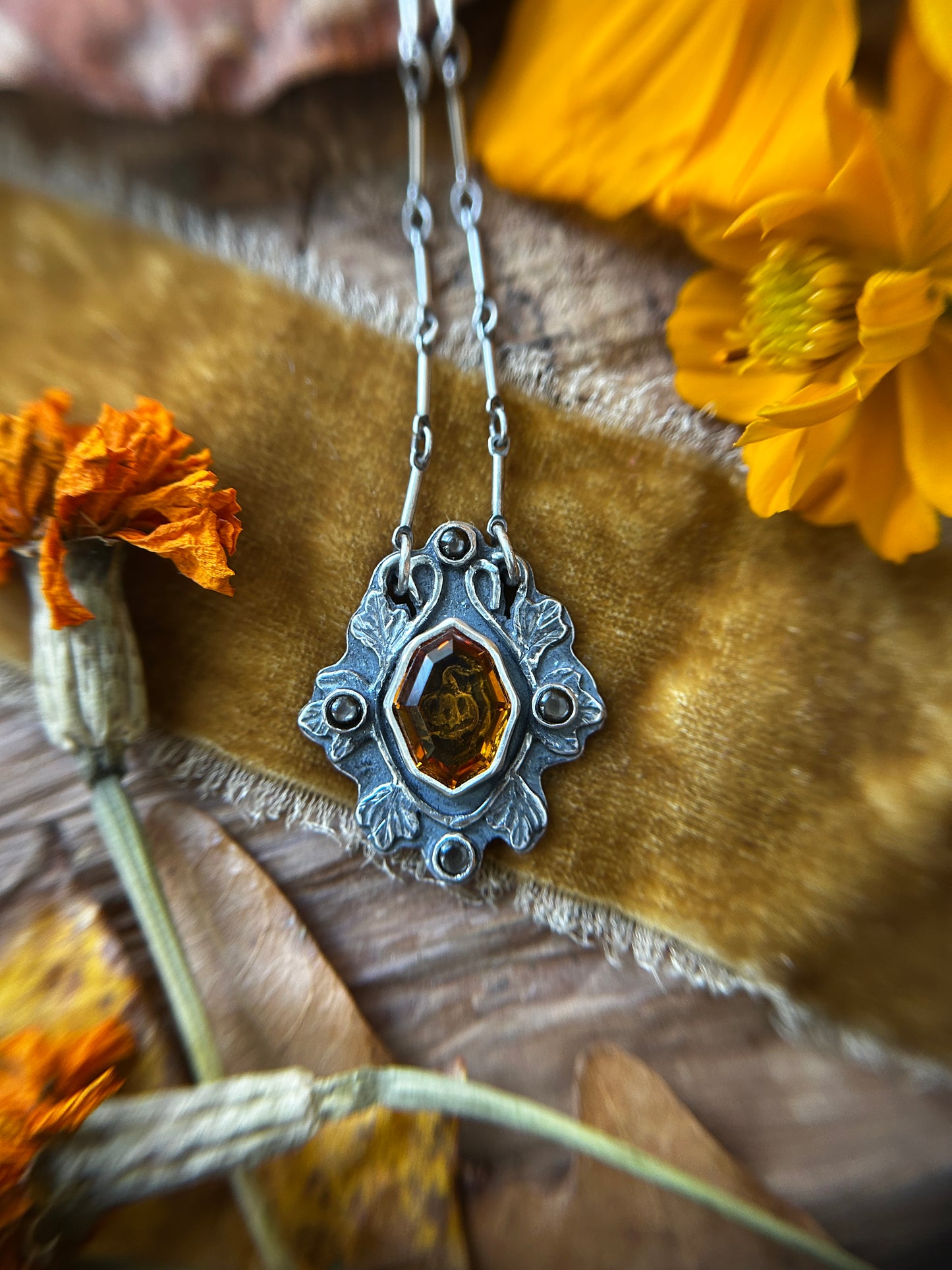 All Hallows Eve Jack-o-lantern necklace with santa ana madiera citrine stone- sterling silver jewelry