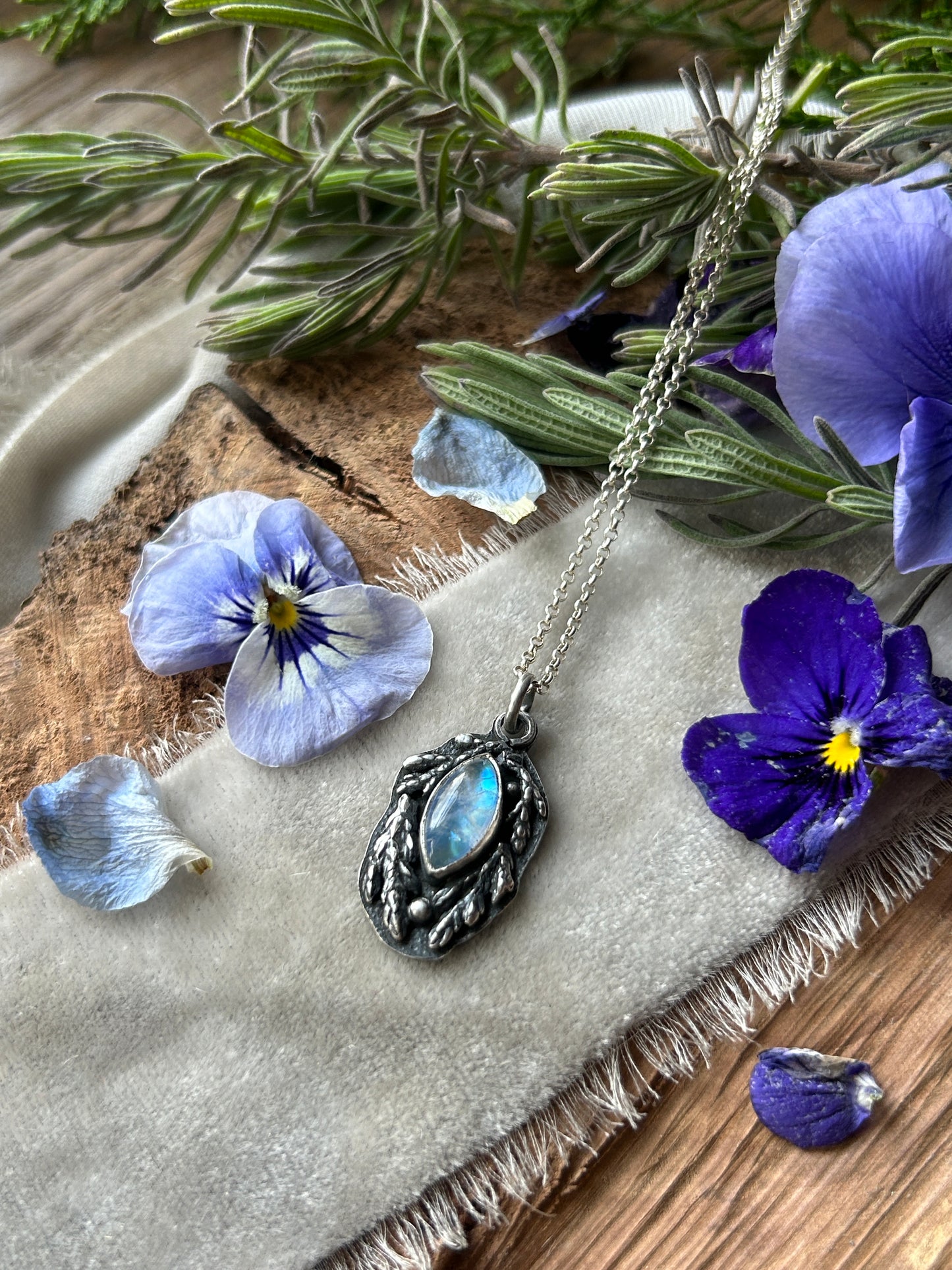 Rainbow Moonstone with Cedar Branches Necklace- sterling silver