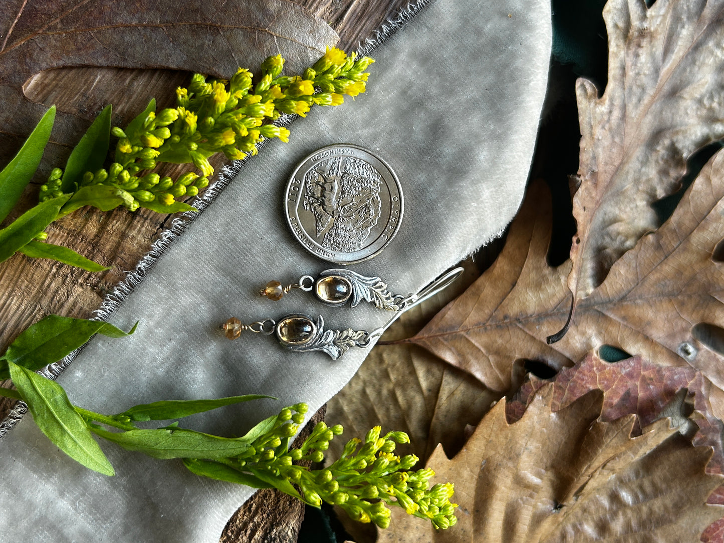 Goldenrod Earrings with Imperial Topaz and Hessonite Garnet- Brass and sterling silver jewelry
