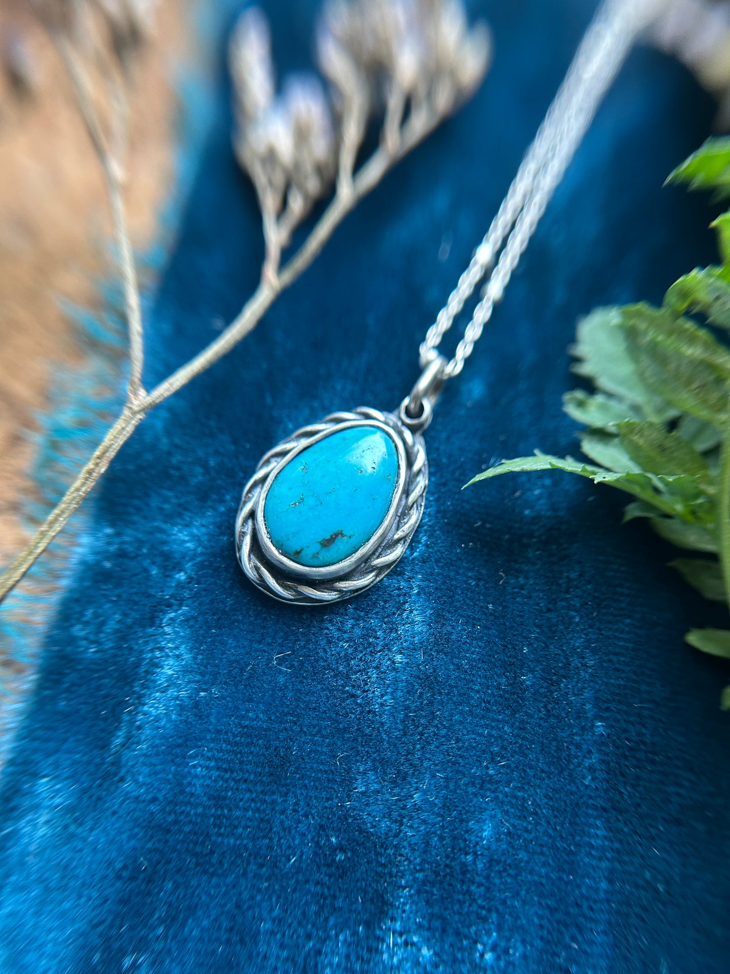 Blue Turquoise with hidden bluebird Necklace- sterling silver jewelry
