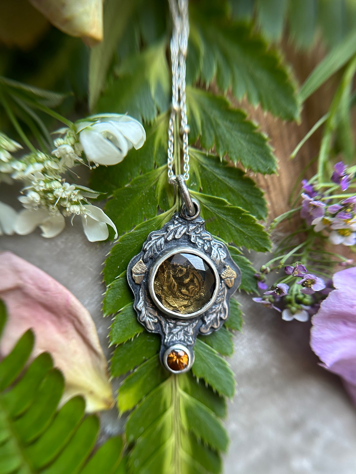 Hibernating chipmunk with portrait cut citrine & zircon necklace- Sterling silver and brass jewelry