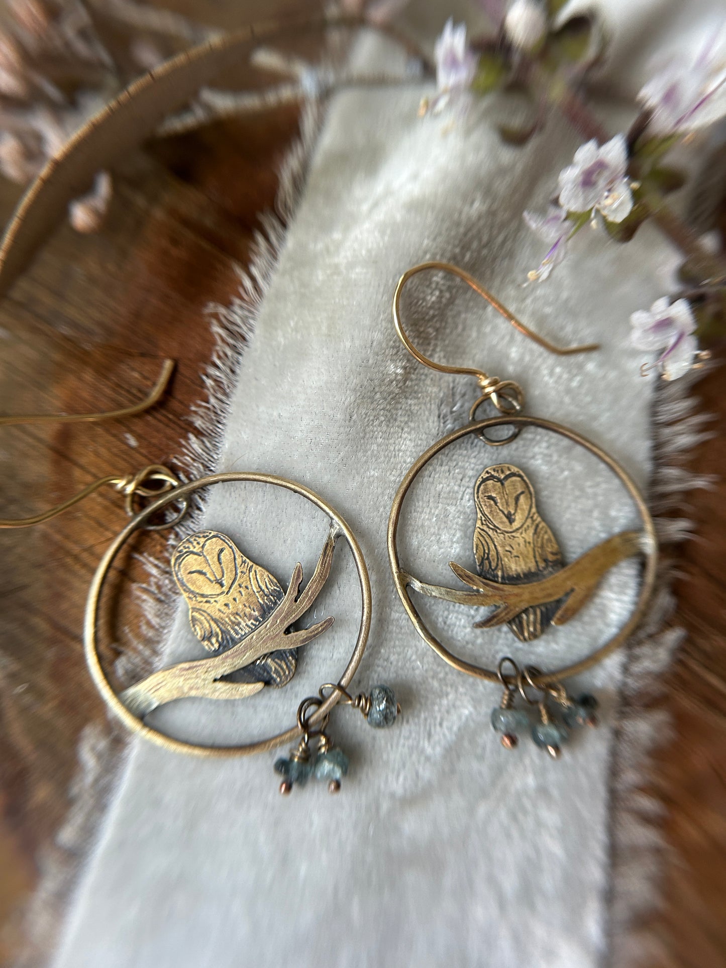 Barn owl earrings Sterling silver  or brass- choice of moss aquamarine, rainbow moonstone or labradorite