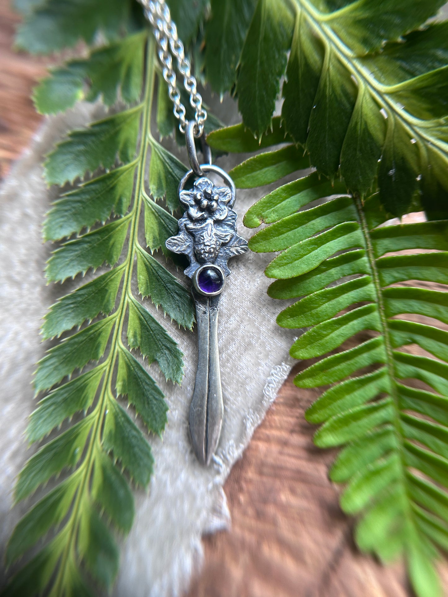 Blackberry bramble sword necklace with amethyst- Sterling silver jewelry