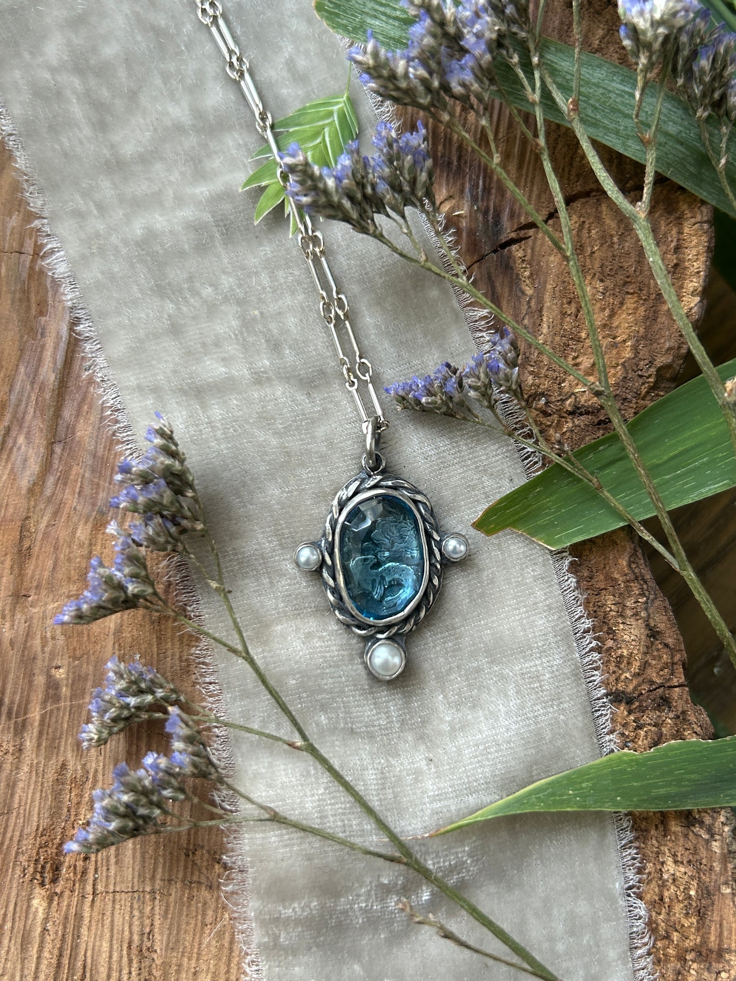 Seaside Selkie under London Blue topaz Necklace- sterling silver jewelry pearl accents