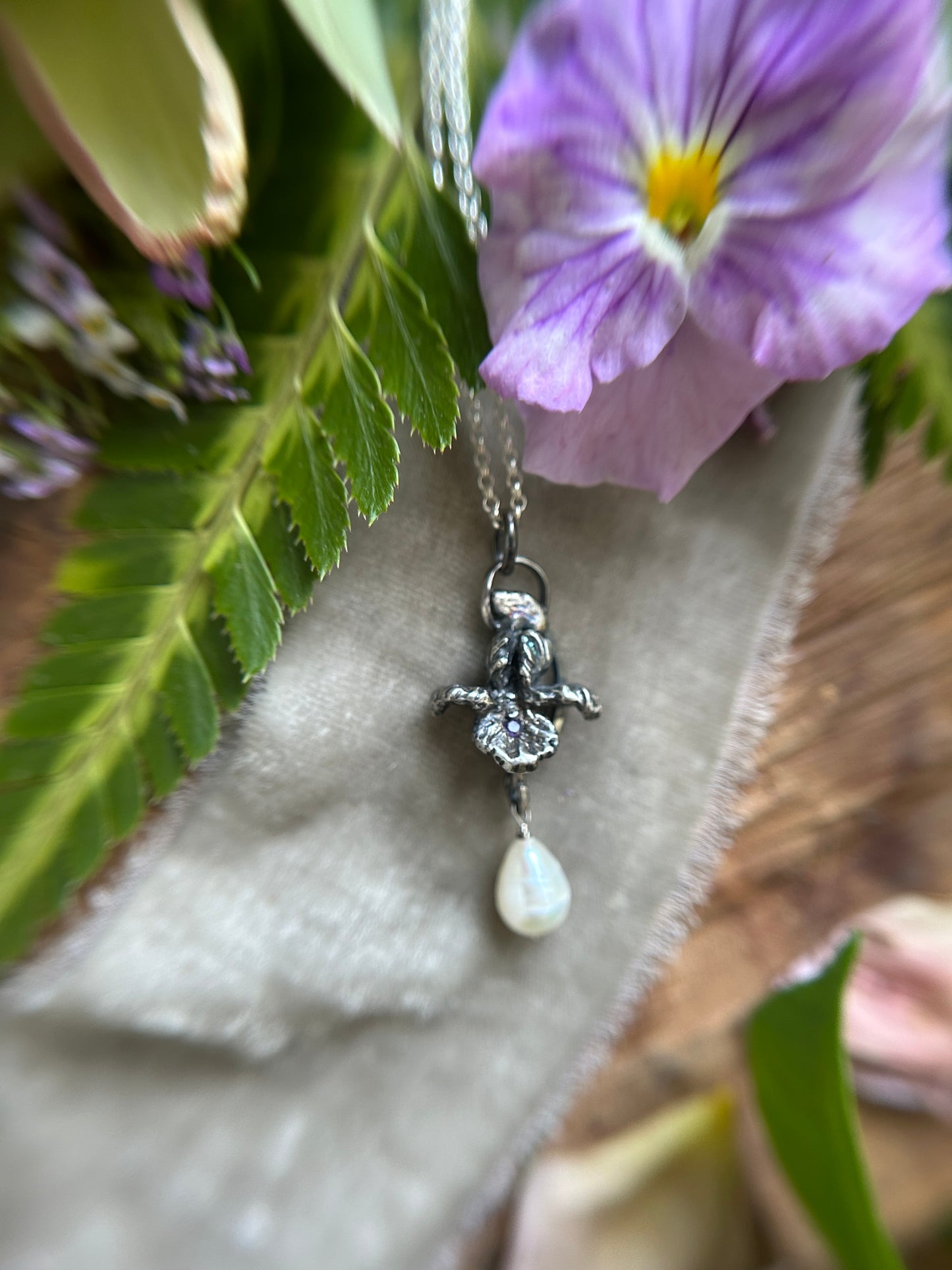 Iris with amethyst and baroque pearl drop necklace- Sterling silver jewelry