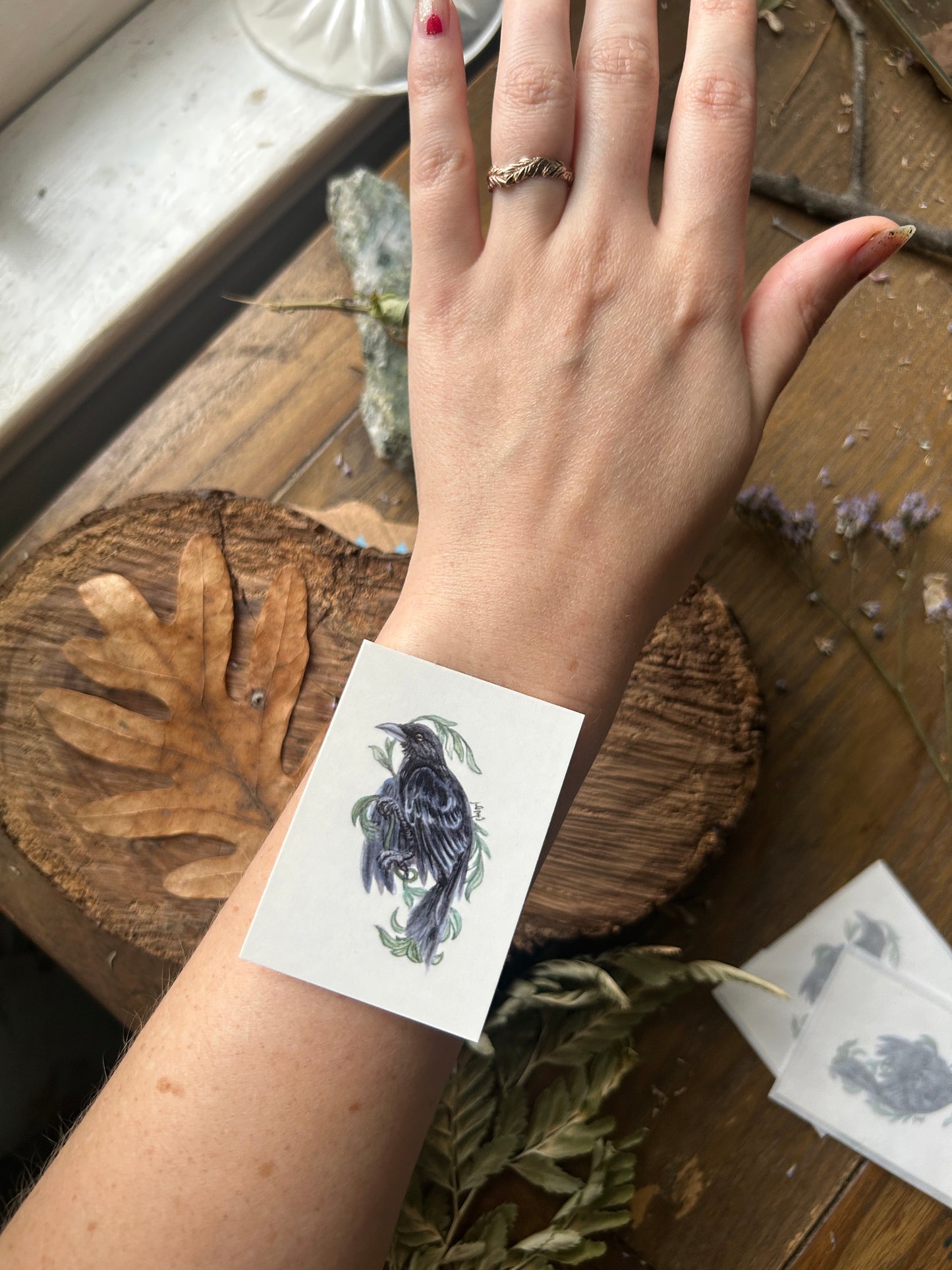 Temporary tattoo- crow bird with leafy vine