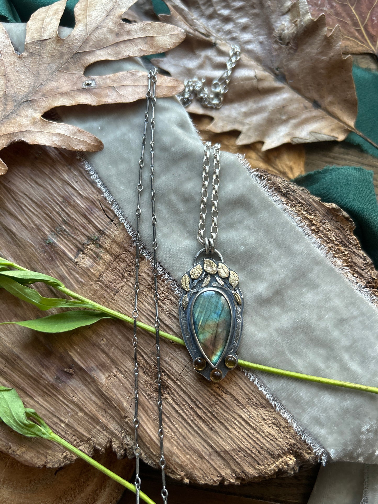 Aspen Crown Labradorite Necklace with Citrine and hidden crow forest tree back- sterling silver jewelry