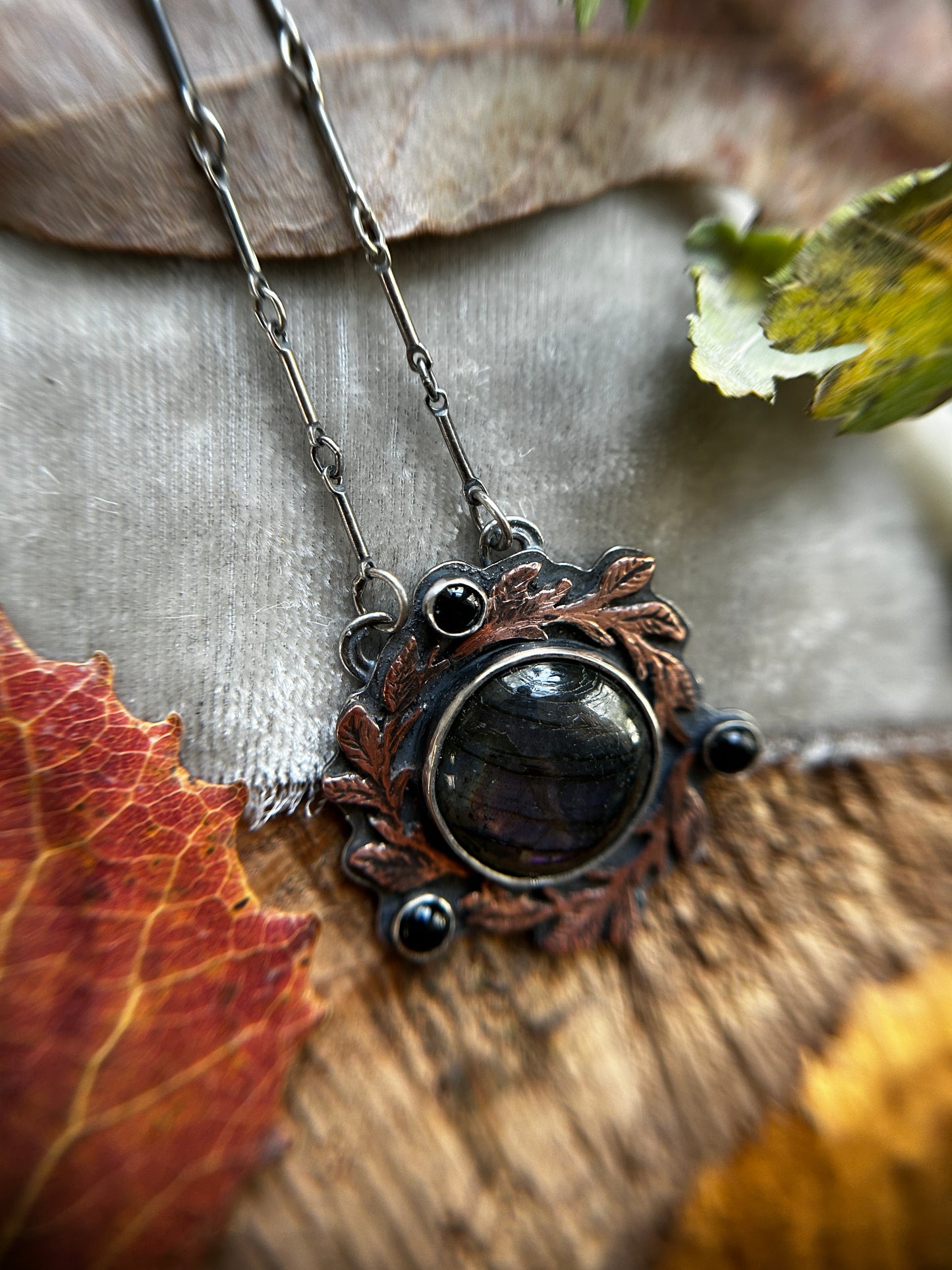 Autumnal Blackberry Vines with Purple Labradorite and Black Onyx- Sterling silver and copper jewelry