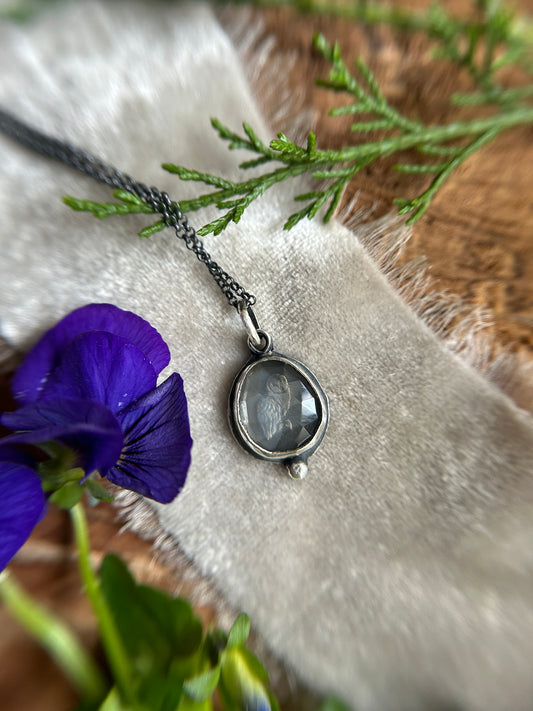 Woodland Barn Owl necklace in grey moonstone