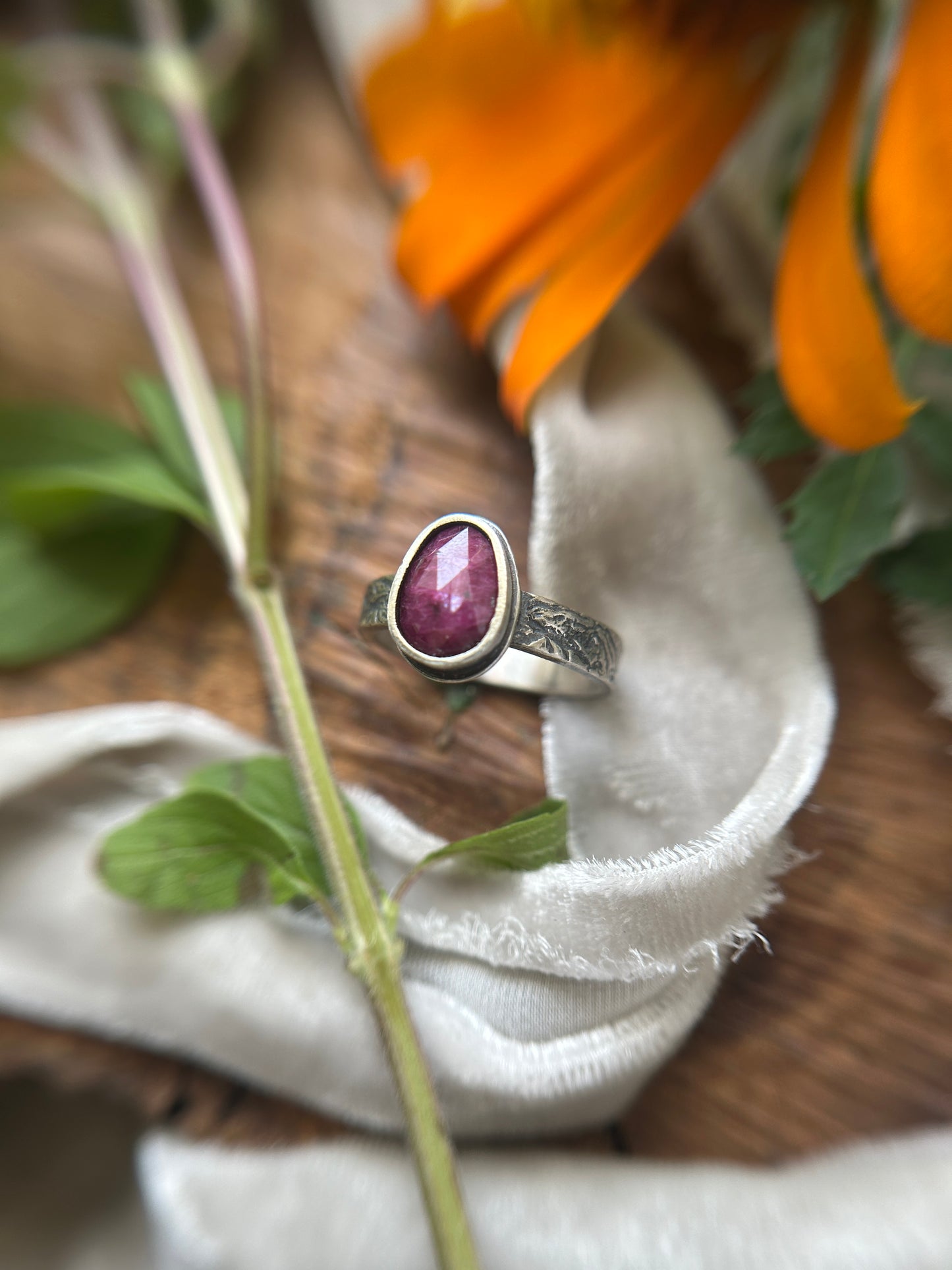 Dragon in Flight engraved ring with silken ruby- sterling silver jewelry