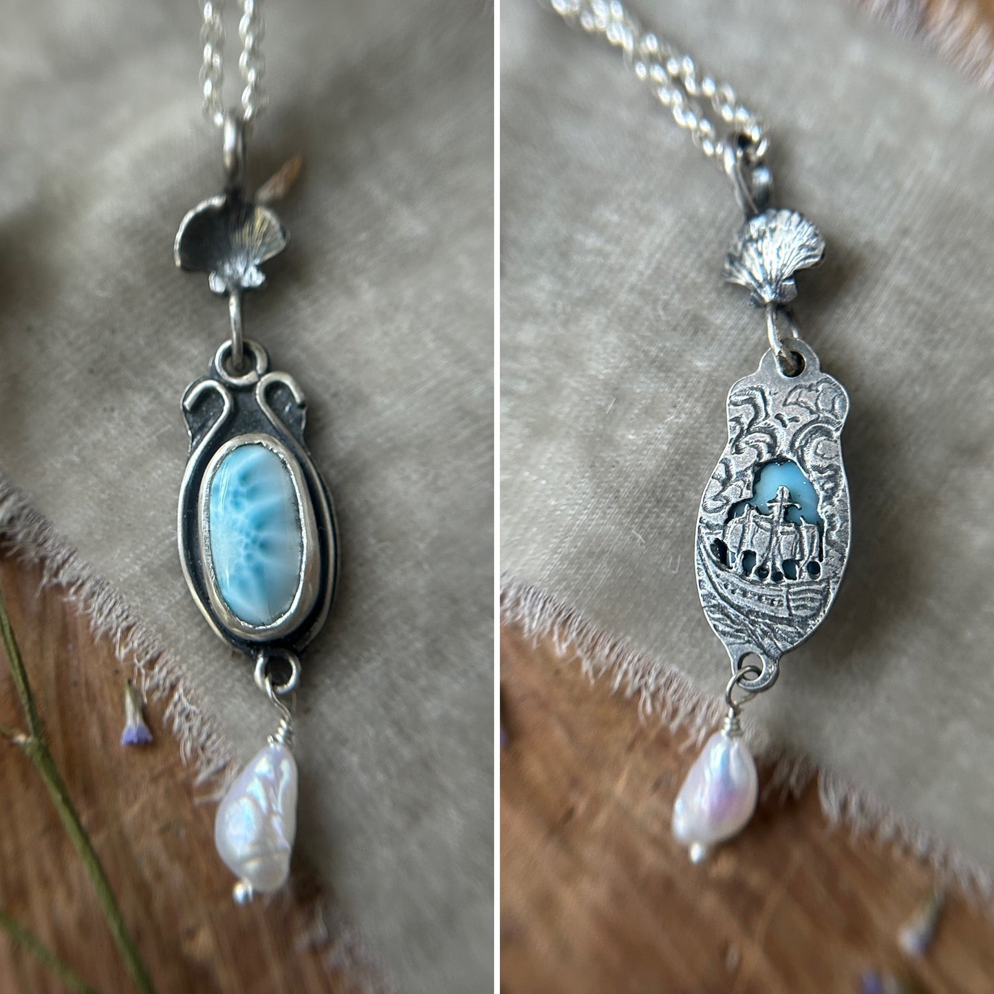 Larimar and Pearl Necklace with sailing ship- sterling silver jewelry