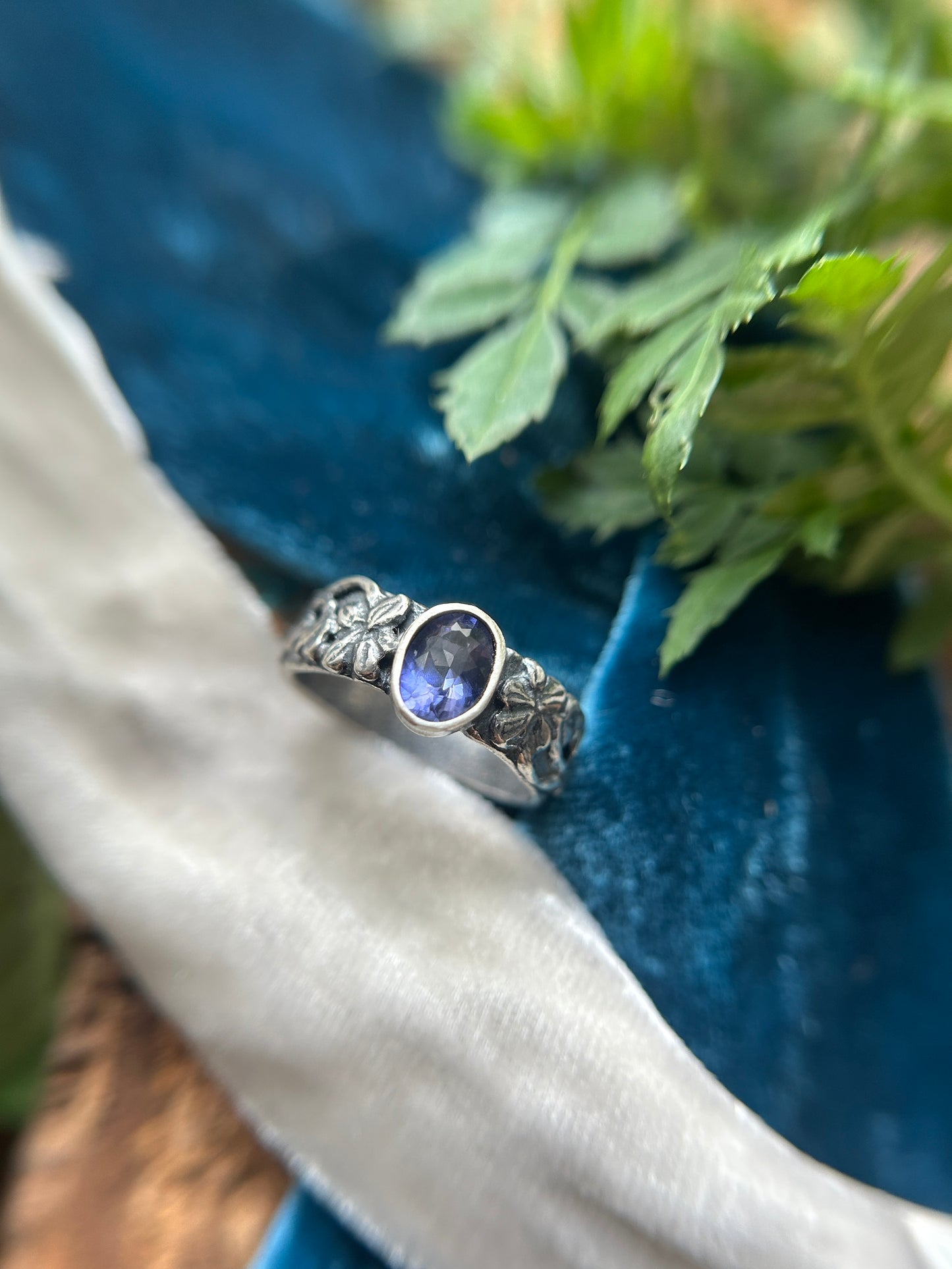 Woods Violet and Iolite wide hammered band ring- sterling silver jewelry