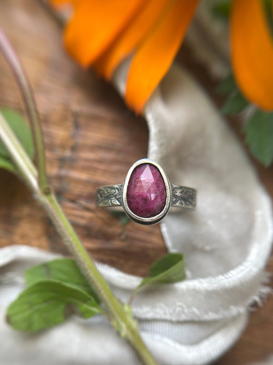 Dragon in Flight engraved ring with silken ruby- sterling silver jewelry