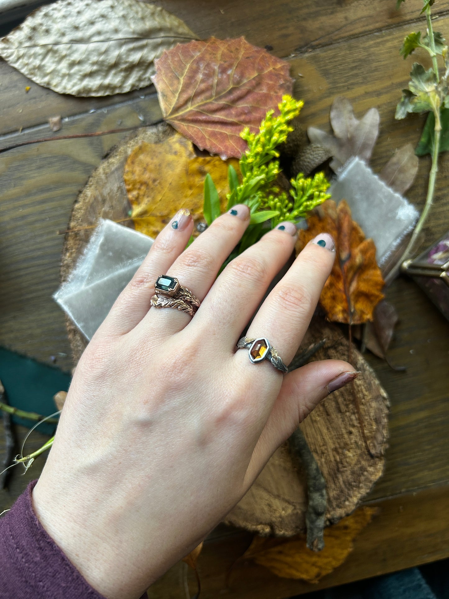 Goldenrod ring- hexagon zircon ring with sterling silver and brass jewelry