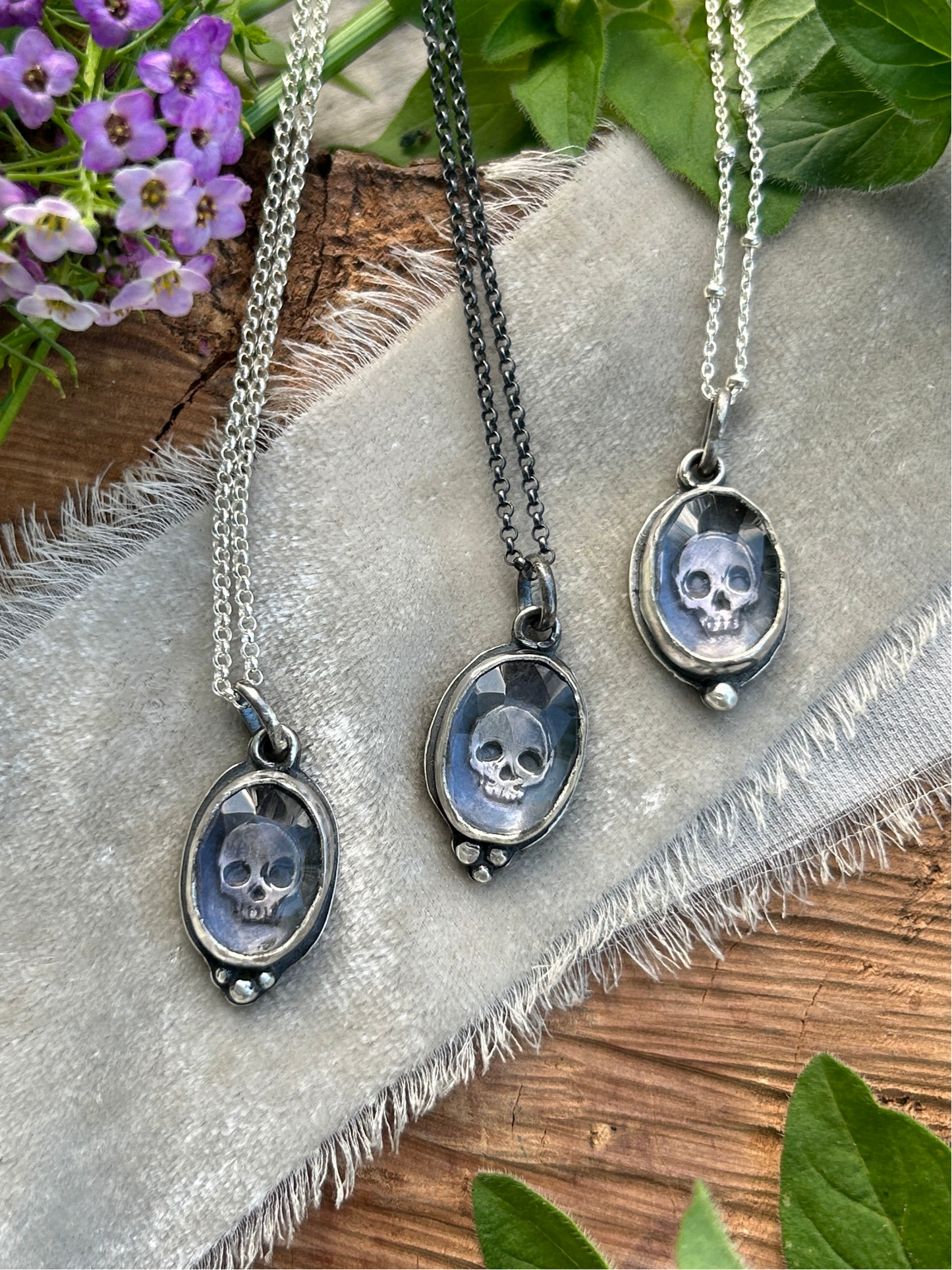 Amethyst skull necklaces-memento mori sterling silver ready to ship pendants