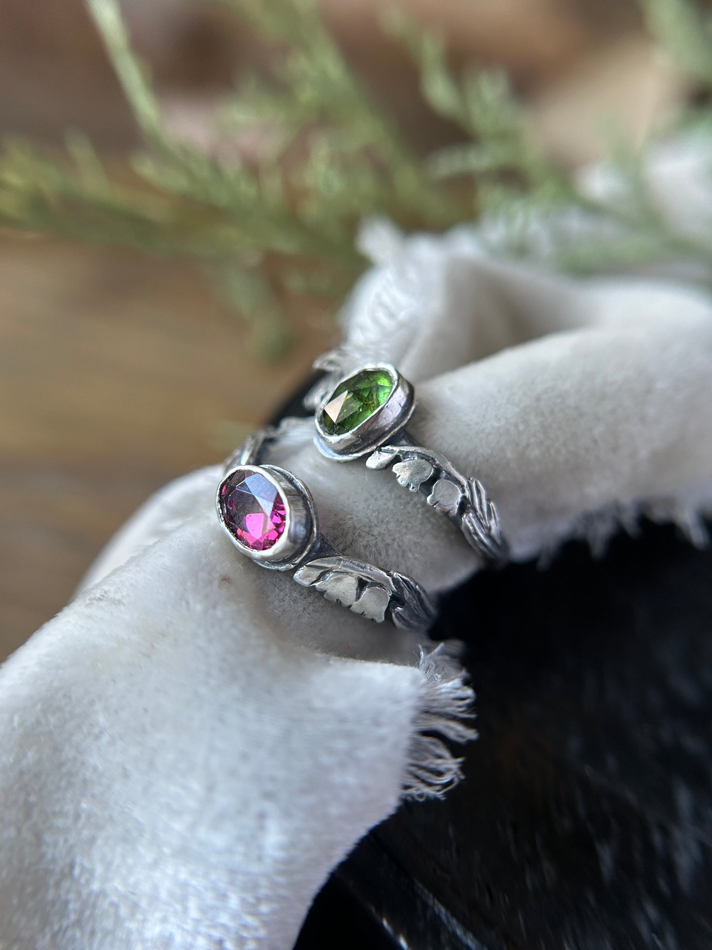 Ready to ship Lily of the valley ring- choice of green tourmaline or rhodolite garnet- sterling silver