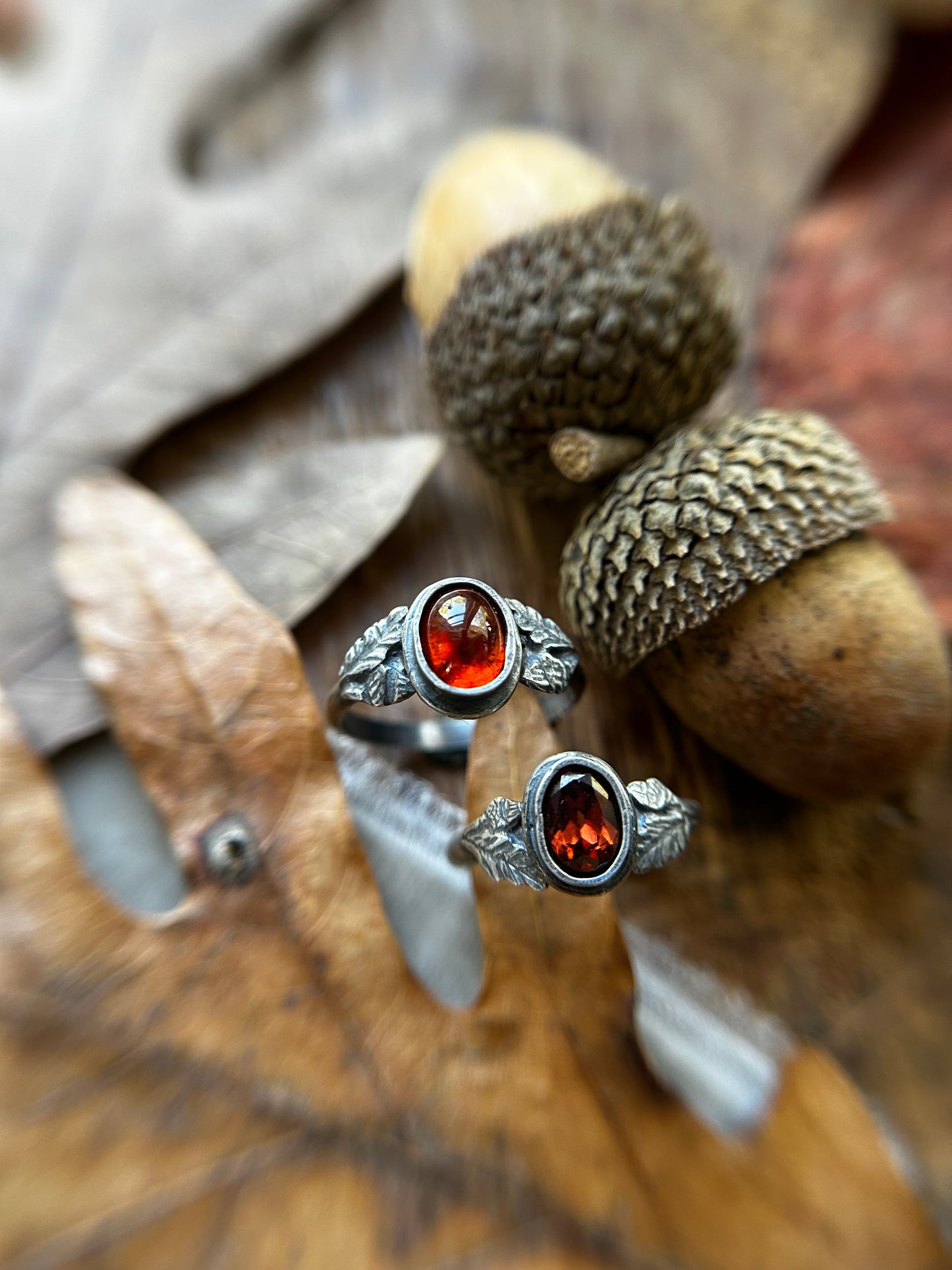 Oak and Acorn Ring in choice of zircon or hessonite garnet- sterling silver jewelry