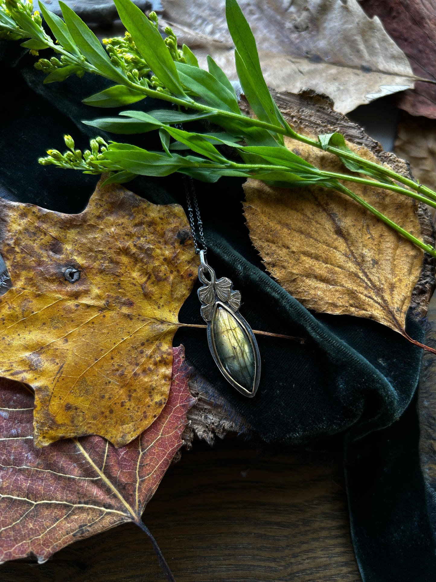 Golden Labradorite Ginkgo Leaf Necklace- sterling silver and brass jewelry
