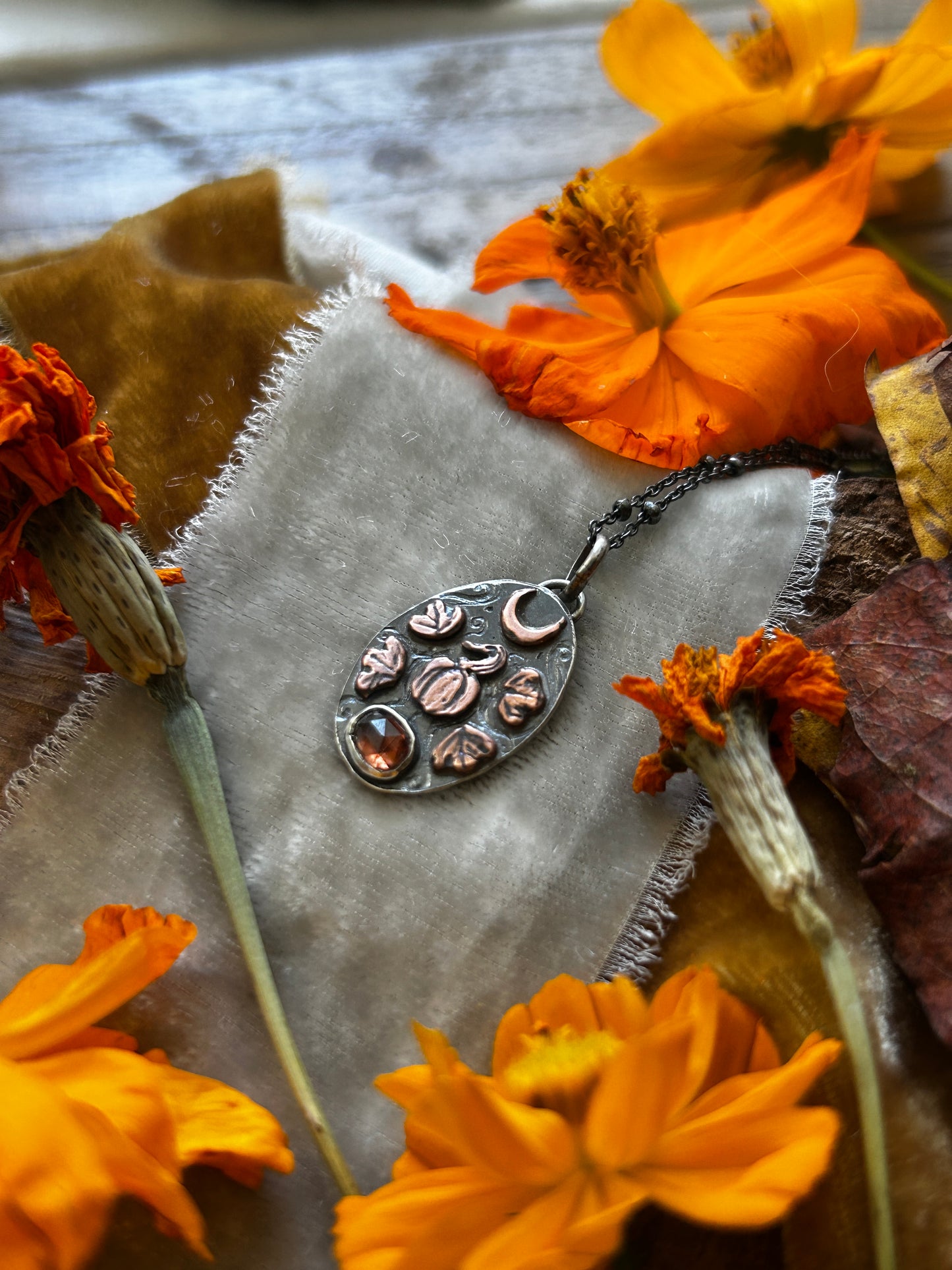 Pumpkin Moon Necklace with zircon- Sterling silver and copper detailed jewelry ready to ship